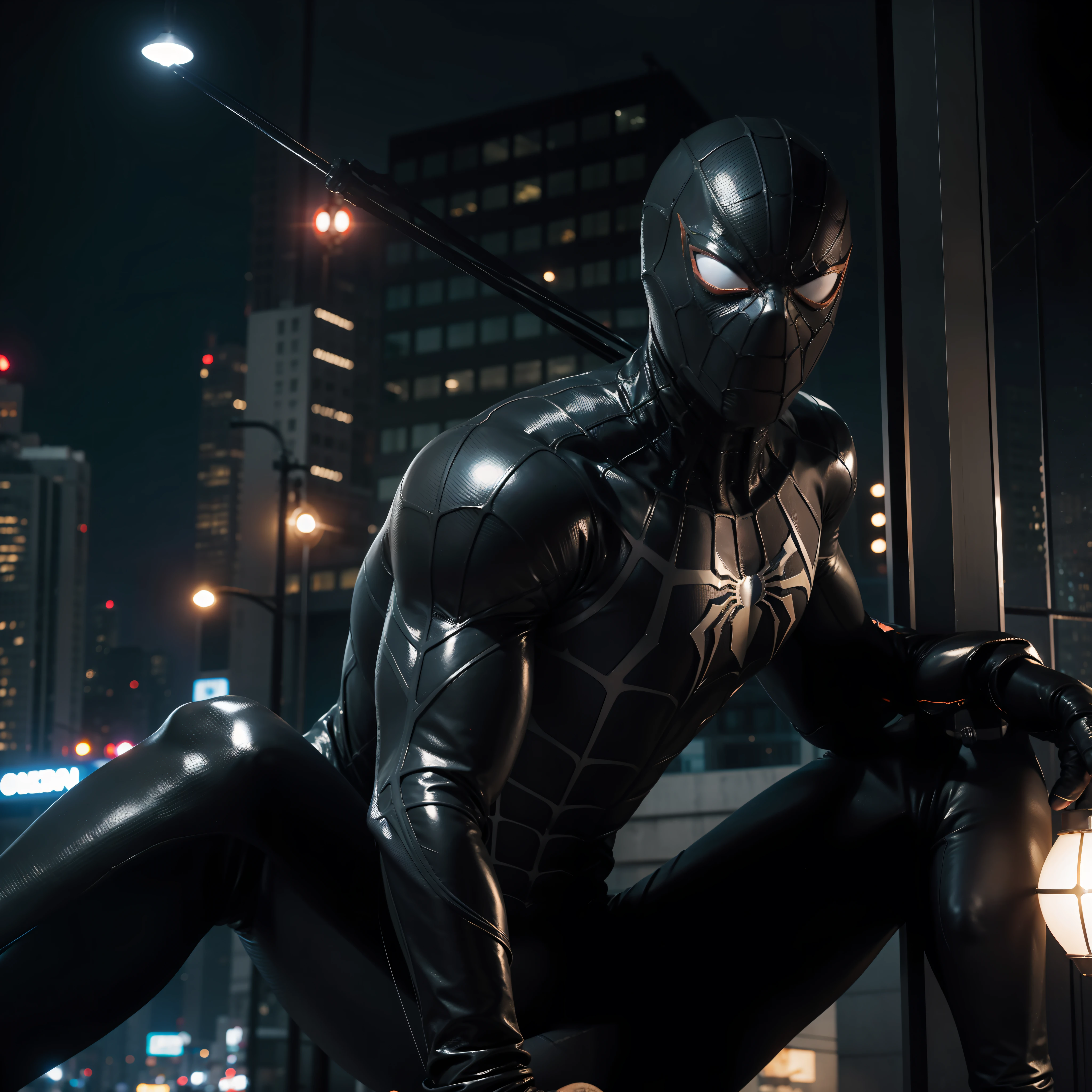 New York at night, black spider-man, black, ultra-realistic, ultra-detailed, highest quality, masterpiece, best image quality, sitting in a building, orange street light, slim, black spider-man, pitch black spider-man, pitch black, black suit, Venom suit, head also black, expressed only by light