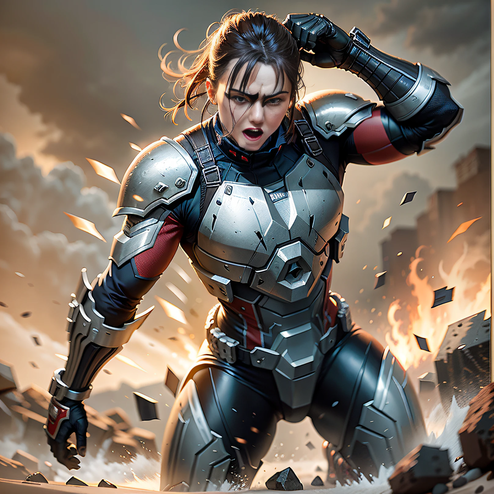 Dynamic action shot of soldier from Hellgate London cinematic shot on canon 5d ultra realistic Rory Lewis Artgerm WLOP Jeremy Lipking Jane Ansell studio lighting, atmospheric