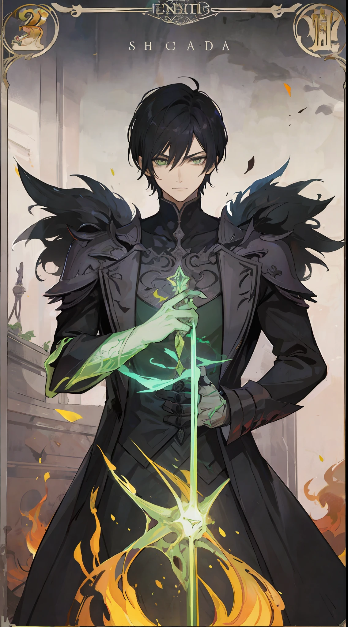 1Man, short black hair, fiery green eyes, wears a black suit, he's a demon lord, make it like tarot anime-style but no frame