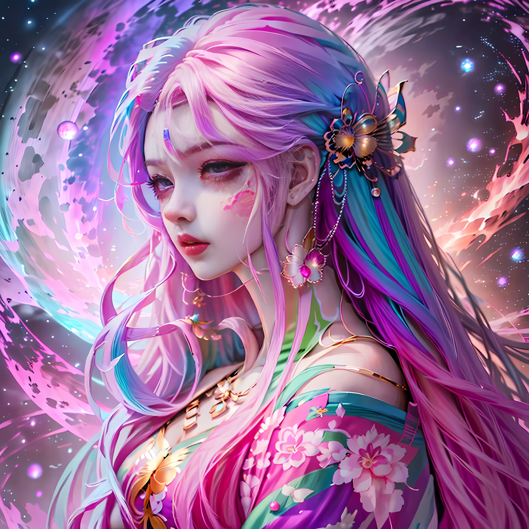 (Anime Girl + Long Hair + Portrait), (Color Hair + Rainbow: 1.5 + Cosmic Hair: 1.2), (Beauty + Fantasy + Anime Style), (8K Wallpaper: 1.2 + 4K Wallpaper: 1.1), (Anime Illustration + Art Style + Art Artwork)