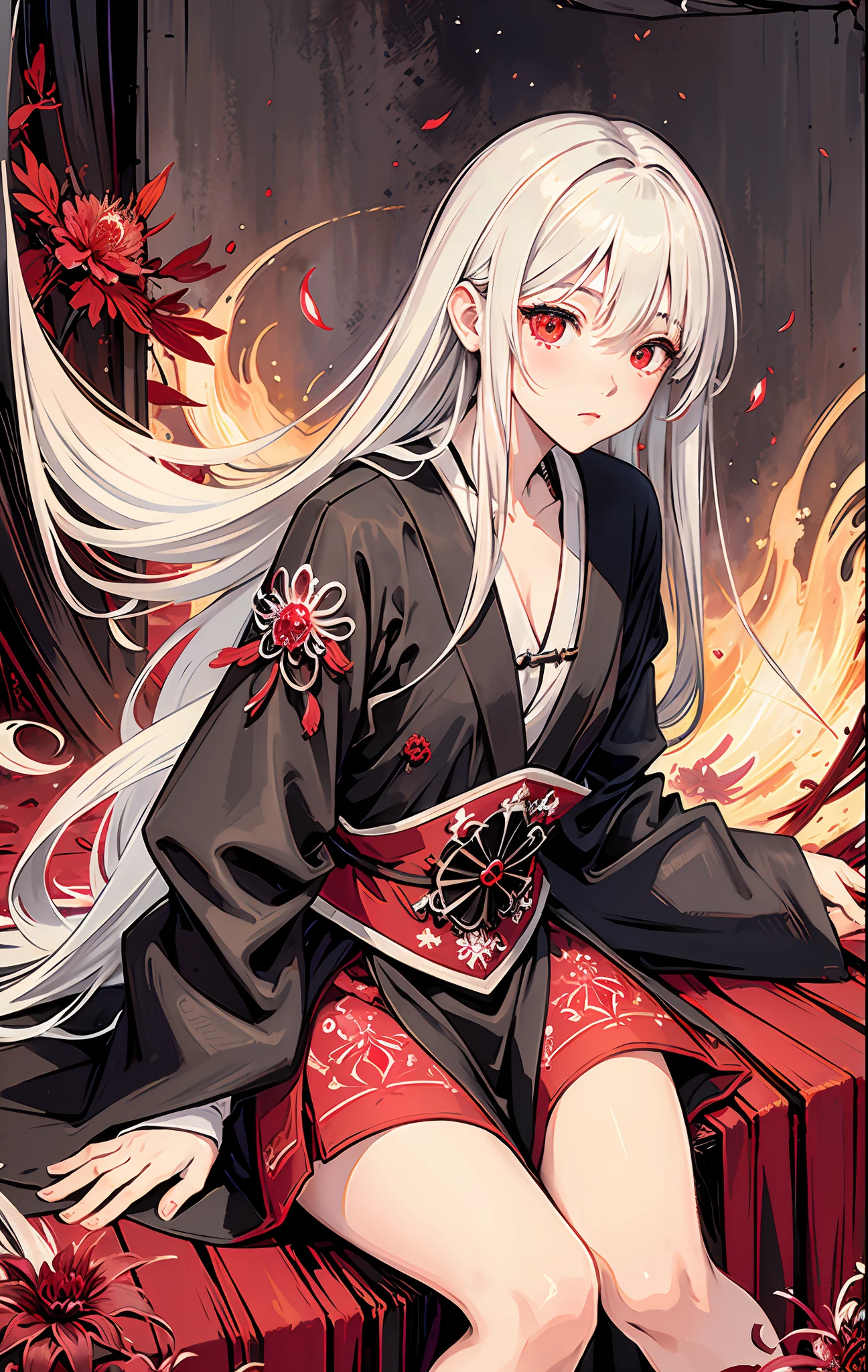 Realistic, (Masterpiece, Top Quality, Best Quality, Official Art, Beauty and Aesthetics: 1.2), Very Detailed, Fractal Art, Colorful, Most Detailed, Zentangle, (Abstract Background: 1.5) (1boy: 1.3), God, White Hair, (Glowing Red Eyes), Mysterious, (Magic), Ice, ((Sitting on Giant Lycoris radiata)), Lycoris radiata, Yellow Spring Hell, Soul Ferryman, Ghost