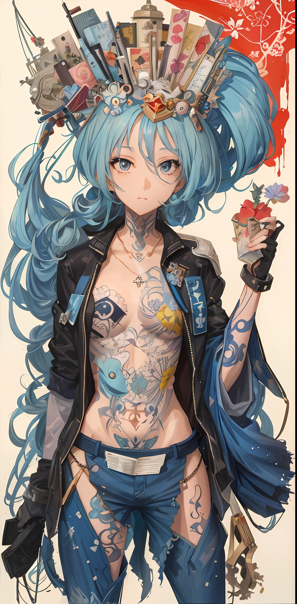 Ultra-high definition 2D art, close-up (1 woman), light blue hair, 2D animation style, soft and delicate depiction, attention also on her full-body tattoos (full-body art), landscape mode, masterpieces by Guweiz and James Jean, tattoo expert designs by CGSCOSITY, etc. A beautiful blue-haired girl who became a hot topic at the trend art station of Japan.