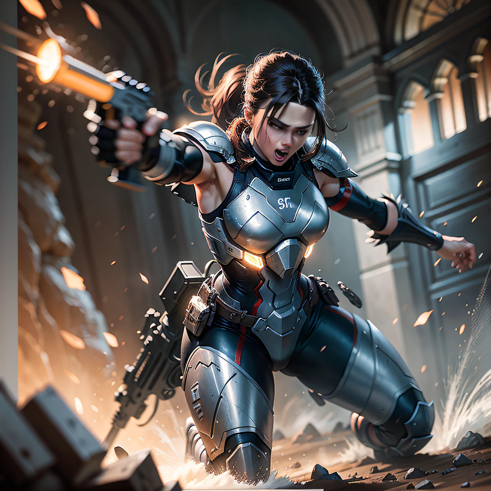 Dynamic action shot of soldier from Hellgate London cinematic shot on canon 5d ultra realistic Rory Lewis Artgerm WLOP Jeremy Lipking Jane Ansell studio lighting, atmospheric