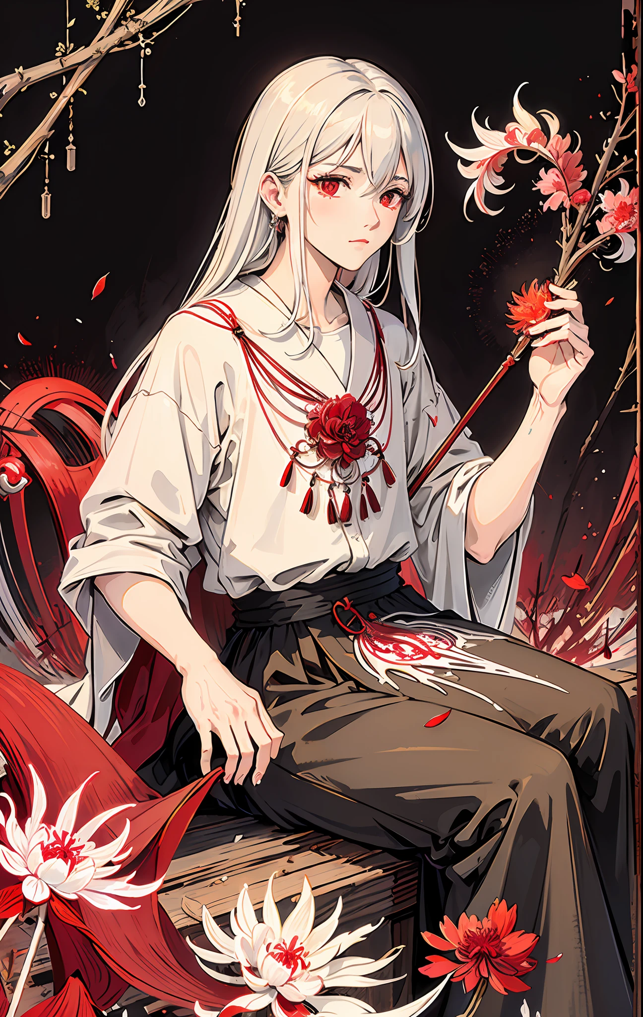 Realistic, (Masterpiece, Top Quality, Best Quality, Official Art, Beauty and Aesthetics: 1.2), Very Detailed, Fractal Art, Colorful, Most Detailed, Zentangle, (Abstract Background: 1.5) (1boy: 1.3), God, White Hair, (Glowing Red Eyes), Mysterious, (Magic), Ice, ((Sitting on Giant Lycoris radiata)), Lycoris radiata, Yellow Spring Hell, Soul Ferryman, Ghost