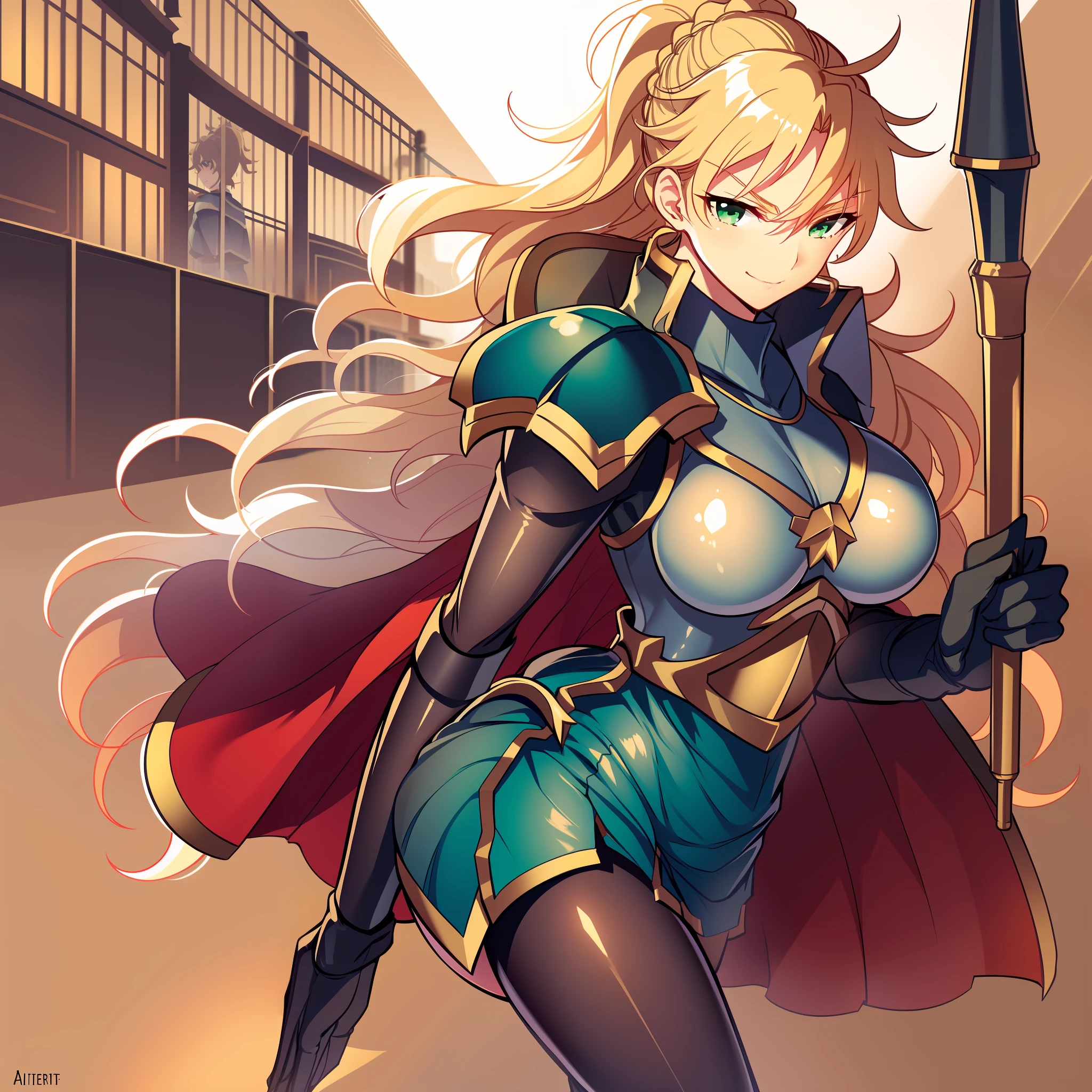 kirt vest, pantyhose, ponytail, long hair, blond hair, knight, medium breast,alicetaria february, green eyes,, walking, staff holding, cape,smile