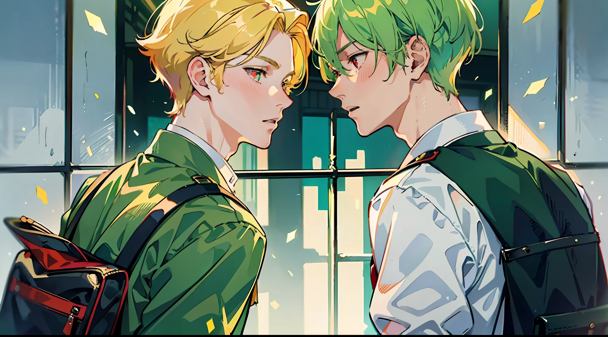 (Masterpiece: 1.4, top quality), two young men facing each other, (cool young man and school uniform with very short blonde hair and red eyes: 1.2), (cute young man and school uniform with green hair and big eyes: 1.2), dynamic pose, blush