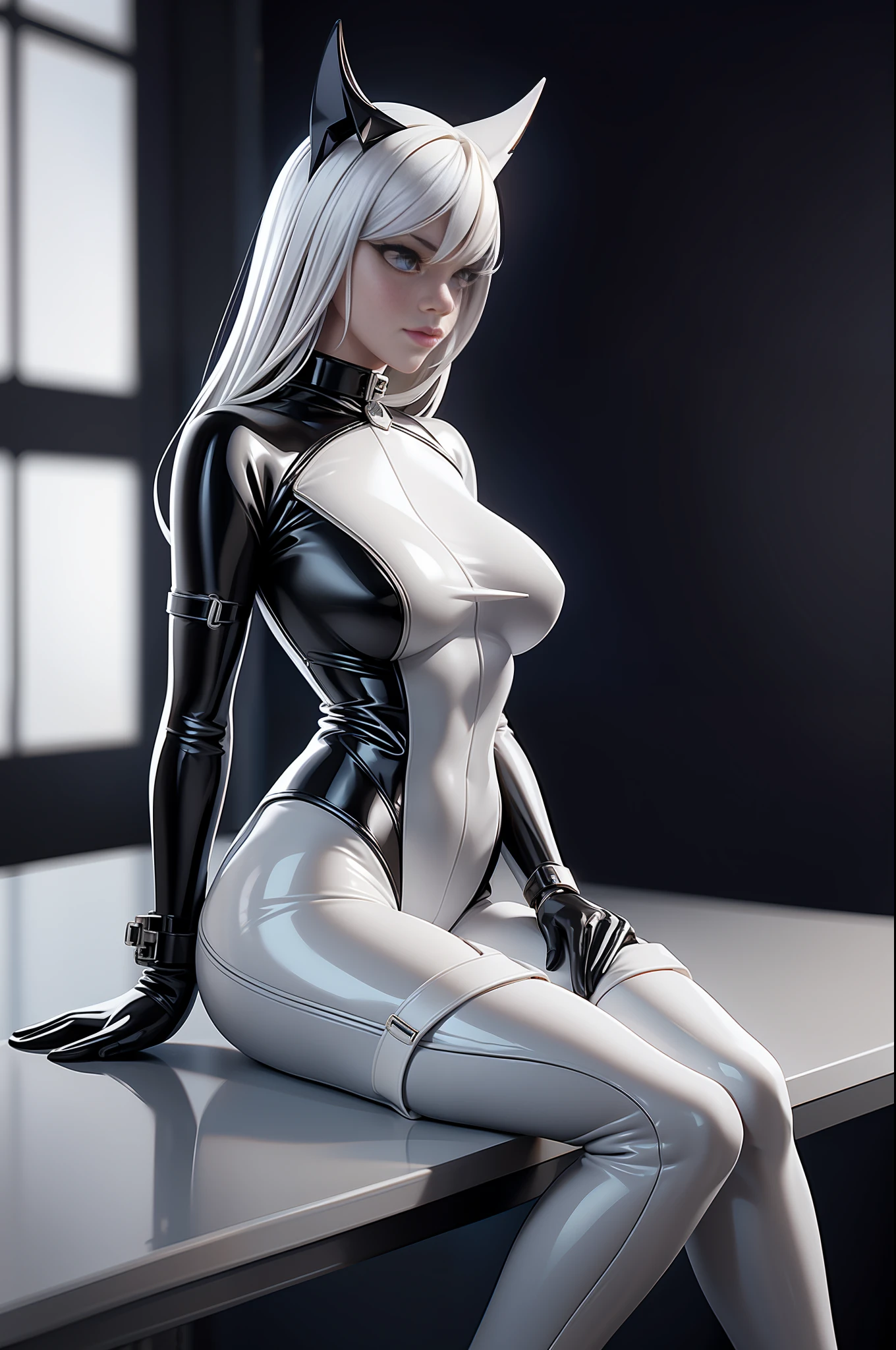 full body picture Unreal Engine 5 8K UHD of beautiful women, wearing white tight latex catsuit covered whole body, latex mask, latex collar, latex body harness and lace, arm and leg cuffs, latex corset, latex long glove, sitting on the table, office scene, best quality, masterpiece, 8K UHD wallpaper