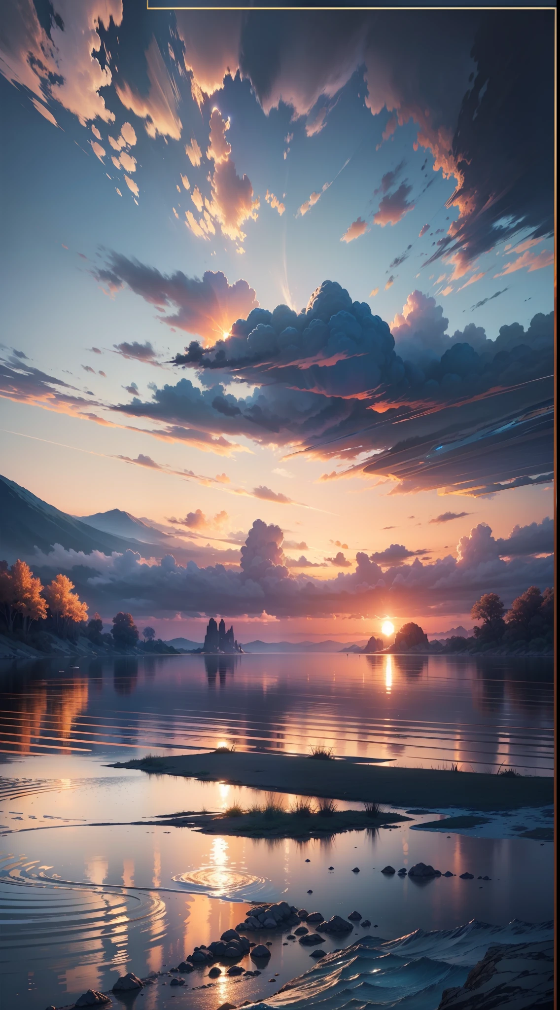 sunset, landscape, water, (very detailed CG unity 8k wallpaper), the most beautiful artwork in the world, professional majestic oil painting, intricate, high detail, clear focus, dramatic, realistic painting art, blue sky.