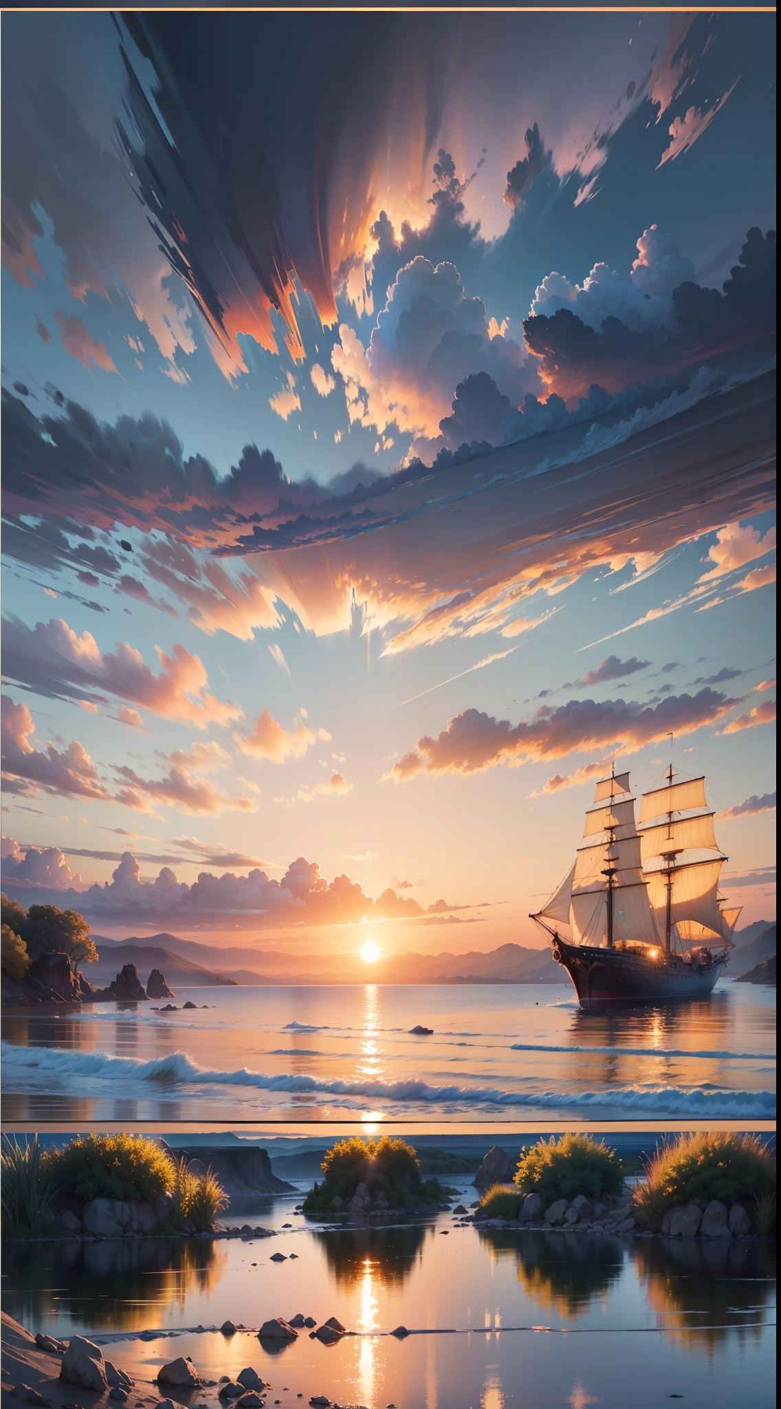 sunset, landscape, water, (very detailed CG unity 8k wallpaper), the most beautiful artwork in the world, professional majestic oil painting, intricate, high detail, clear focus, dramatic, realistic painting art, blue sky.
