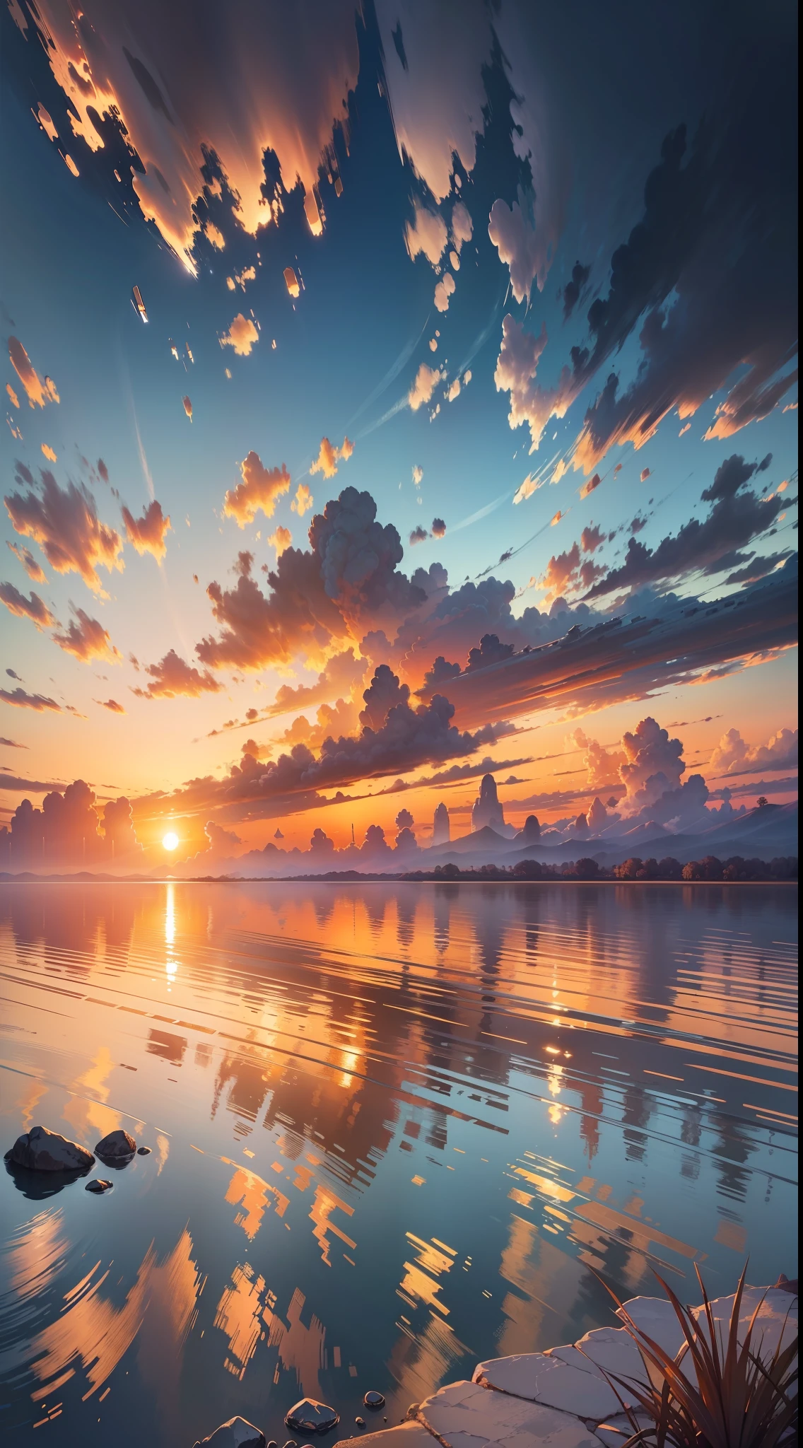sunset, landscape, water, (very detailed CG unity 8k wallpaper), the most beautiful artwork in the world, professional majestic oil painting, intricate, high detail, clear focus, dramatic, realistic painting art, blue sky.