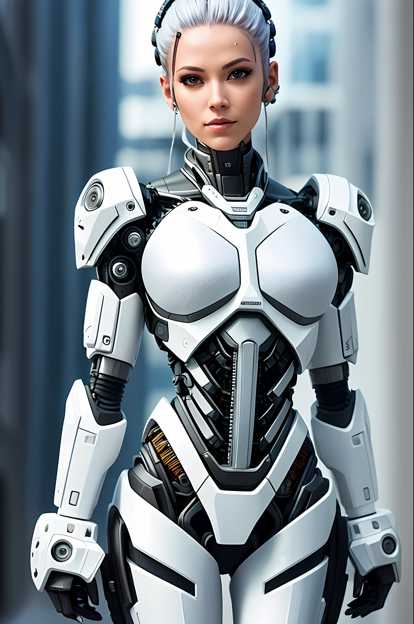 Full Body Shot | Cyborg Woman | With a detailed brain that you can see | Cranial mechanical parts representation | Electronic Systems On-Head Humanoids | Muscle wire | Flesh-colored skin| Biopunk| Cybernetics | Cyberpunk | Canon M50| 100mm| Sharp Focus | Hyperrealism | Very detailed| Intricate Details | Vascular Expression |Strong Legs | Big Paw |white armor,front camera