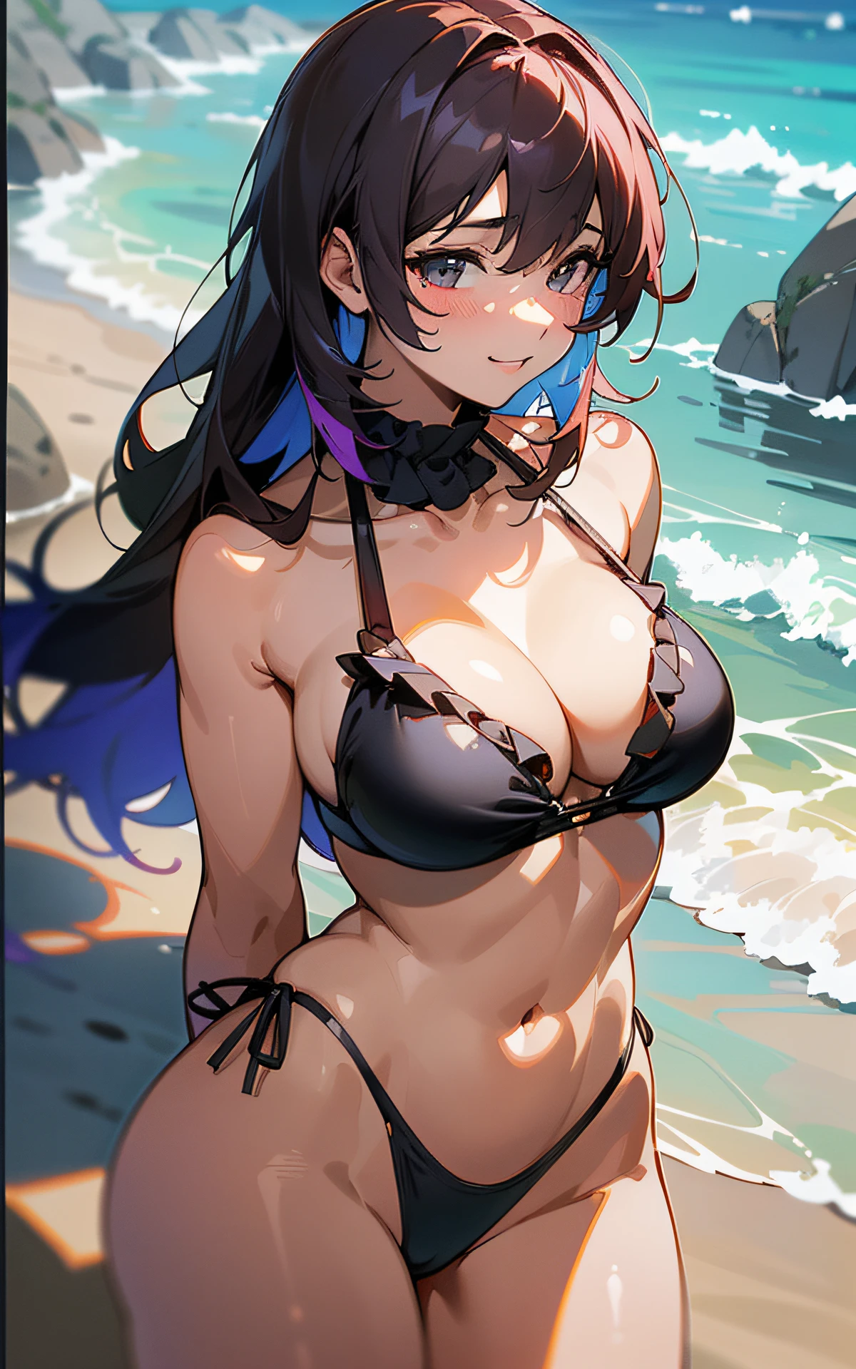 (Original Character、Unity 16K Wallpaper, Masterpiece, Best Quality, Ultra-Detailed, Extremely Detailed CG, Caustics, Cinematic Lighting, Detailed, Beautiful Detailed Eyes, NSFW:1.8, solo、oily skin、cleavage、30yers old), Ultra High Resolution, fine skin, (cute: 1.2, ruffled colorful bikini), (strong light),separate swimsuit、outdoors、seaside、clavicle、arms behind back:1.2、((thick outline、black outline、brighten the subject))、smile、scarlet hair, Active
