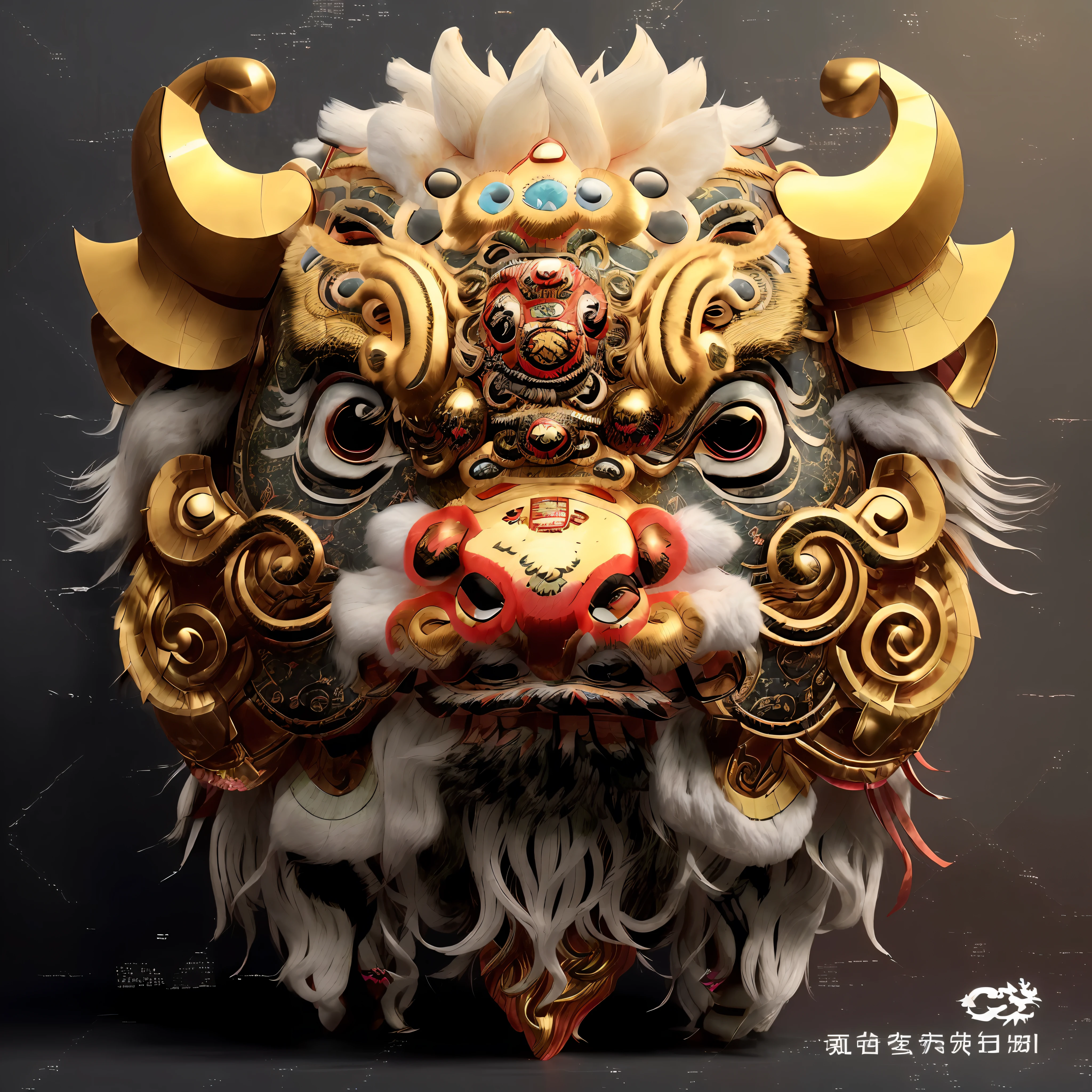 Awakening lion style, close-up of mask with bull big head, detailed digital 3D art, Asura in Chinese mythology, bison god, animal style head, ancient Chinese art style, Chinese style, Chinese ghost festival, complex gorgeous anime CGI style, highly detailed digital art, highly detailed digital art, cow face, lion head
