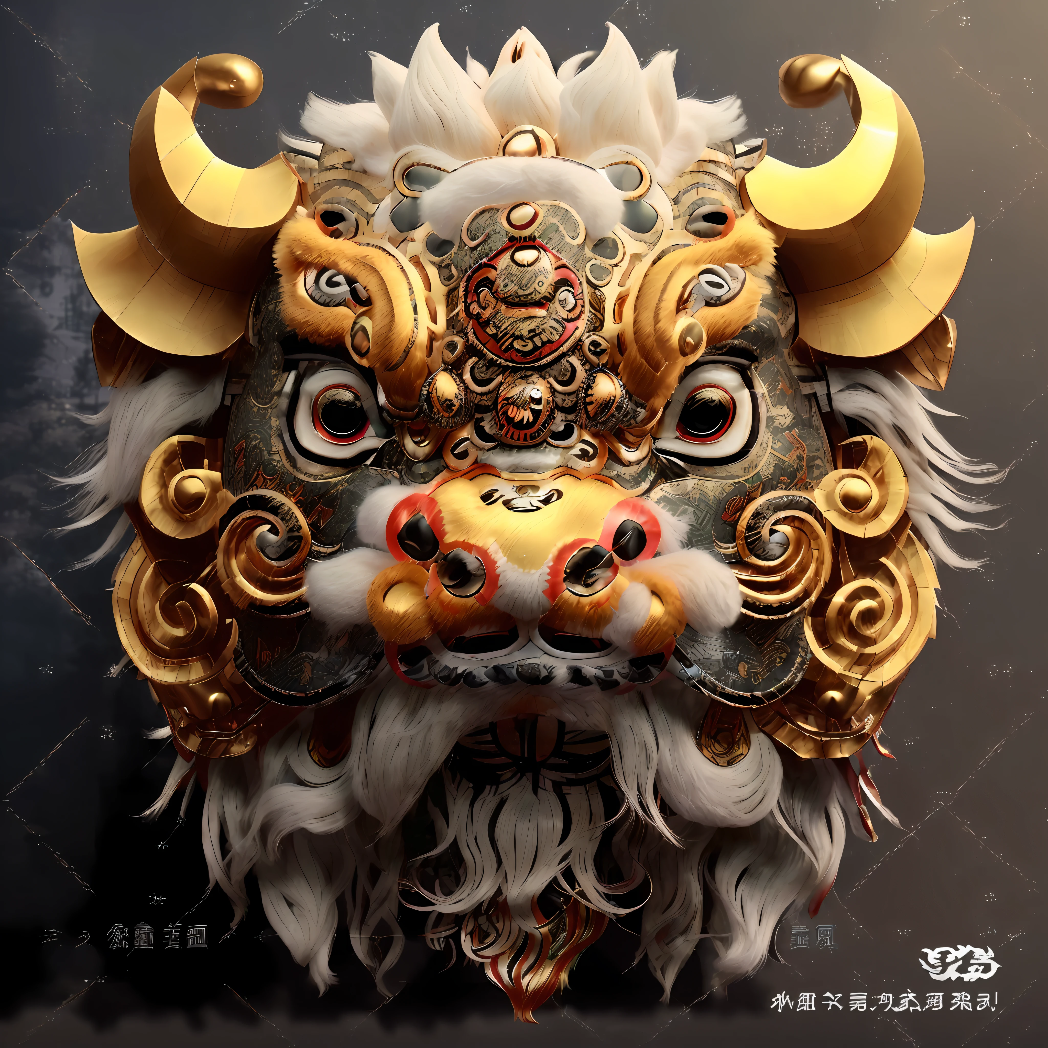 Awakening lion style, close-up of mask with bull big head, detailed digital 3D art, Asura in Chinese mythology, bison god, animal style head, ancient Chinese art style, Chinese style, Chinese ghost festival, complex gorgeous anime CGI style, highly detailed digital art, highly detailed digital art, cow face, lion head