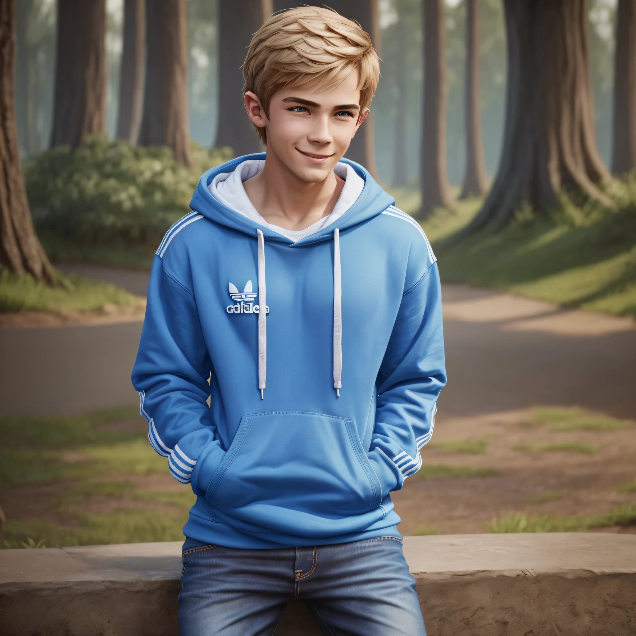 With the image of the link https://imgur.com/a/XF0zds7, create a character of 20 year old boy body, smiling, with blue jeans and blue adidas Hoodie, hd, realistic, disney pixar style, 3D, 8K, Detail, aspect 16:9, full body
