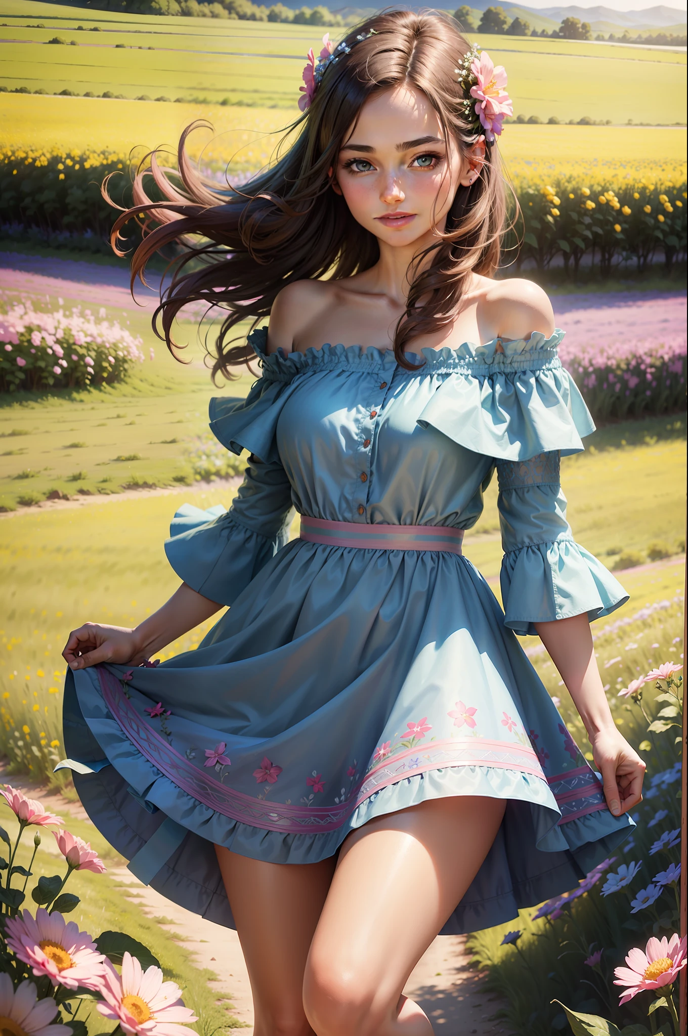 Best quality, masterpiece, ultra high res, (photorealistic: 1.4), raw photo, 1girl, blue dress, off shoulder, field of flowers in bloom, bright skin, light smile, sereja flower, digital art, best quality, pink tones, pink flowers