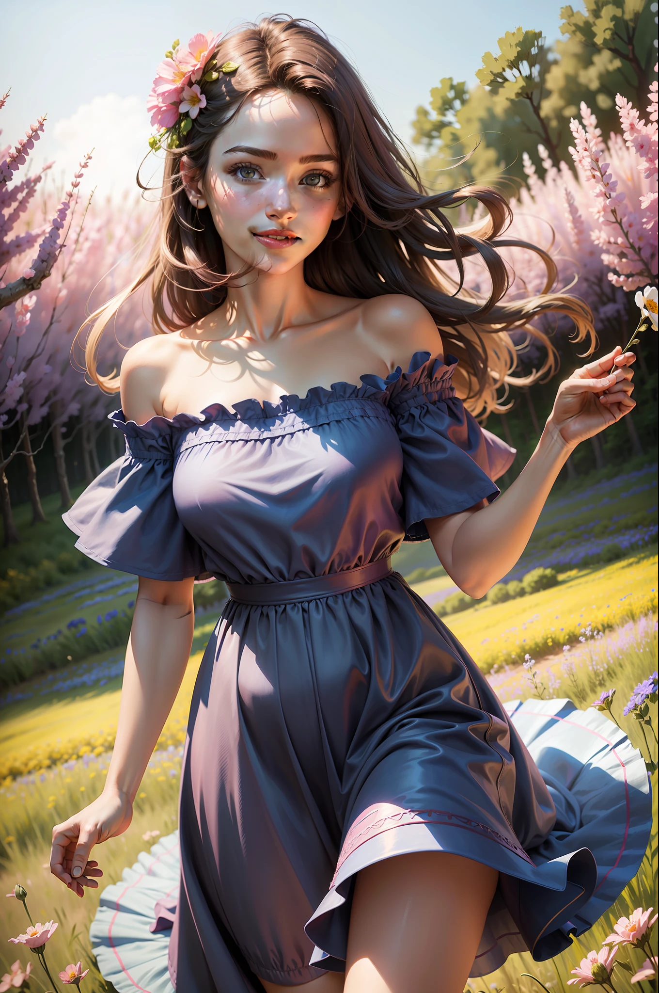 Best quality, masterpiece, ultra high res, (photorealistic: 1.4), raw photo, 1girl, blue dress, off shoulder, field of flowers in bloom, bright skin, light smile, sereja flower, digital art, best quality, pink tones, pink flowers