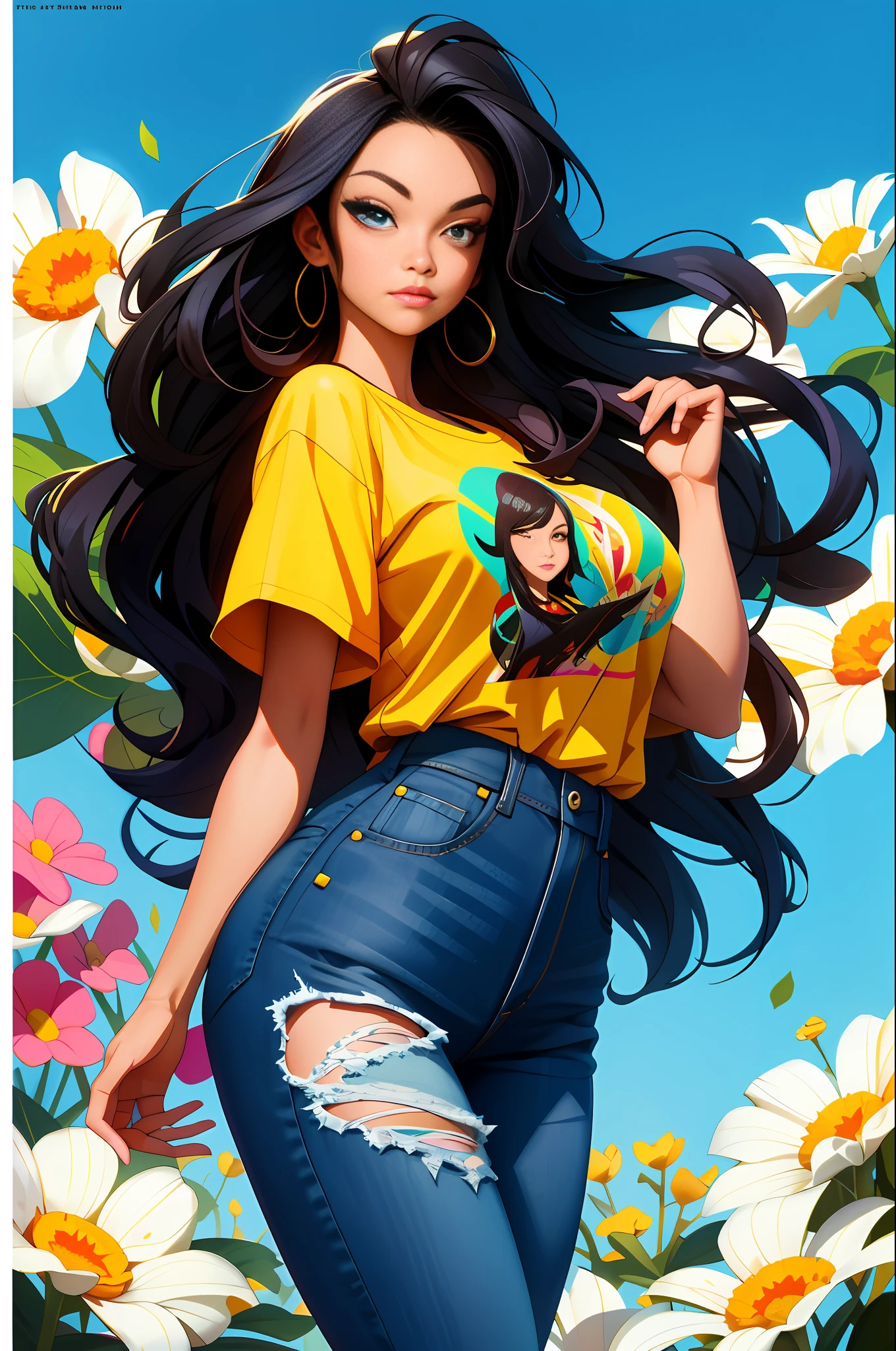 ASHLEY ALEXISS beautiful woman with ultra detailed long hair, (beautiful and clear background: 1.2),, fantastic paintings, graffiti style, flowers, highly detailed eyes, a t-shirt or dress with a white blouse underneath, position, with long black hair, stained glass windows, fantastic paintings by joe madureira, high quality, photo, adhesive art, beautiful woman carol nakamura with long hair,   freedom, soul, digital illustration, comic style, perfect anatomy, centered, approaching perfection, dynamic, highly detailed, watercolor painting, artstation, concept art, smooth, sharp focus, illustration, art by flesh griffiths and wadim kashin,,anime girl pose alone, short pastel hair, heterochromia, perfect anatomy, centered, approaching perfection, dynamic, highly detailed, character sheet, artstation, concept art,  soft, sharp focus, illustration, extraordinary jlustration, background, mixed-Idioma_Texto, Japanese letters in graffit ,raw photo, ::comix style by Marc Silvestri:: beautiful woman ashley alexiss European perfect and detailed, style ::2.0 comix illustration style,tatoon style , man model ultra detailed, (beautiful and clear background:1.2),, fantastic paintings ,graffit style, highly detailed eyes , a white t-shirt or tatoon stamp ,  blond hair, masterpiece, best quality, high quality, highres, detail enhancement, ((most beautiful image in the world)), masterpiece, best quality, high quality, highres, detail enhancement, ((most beautiful image )),with short, shiny black hair, wearing a large round-neck t-shirt, wearing jeans, five legs, like yellow sneakers, emphasizing the integrity of the human body, emphasis on the correct 5 fingers on each hand and the correct shadow,  ,beautiful woman with long hair ultra detailed, (beautiful and clear background:1.2),, fantastic paintings ,graffit style, flowers, highly detailed eyes , a t-shirt or dressed in a white blouse underneath, position, with long blac