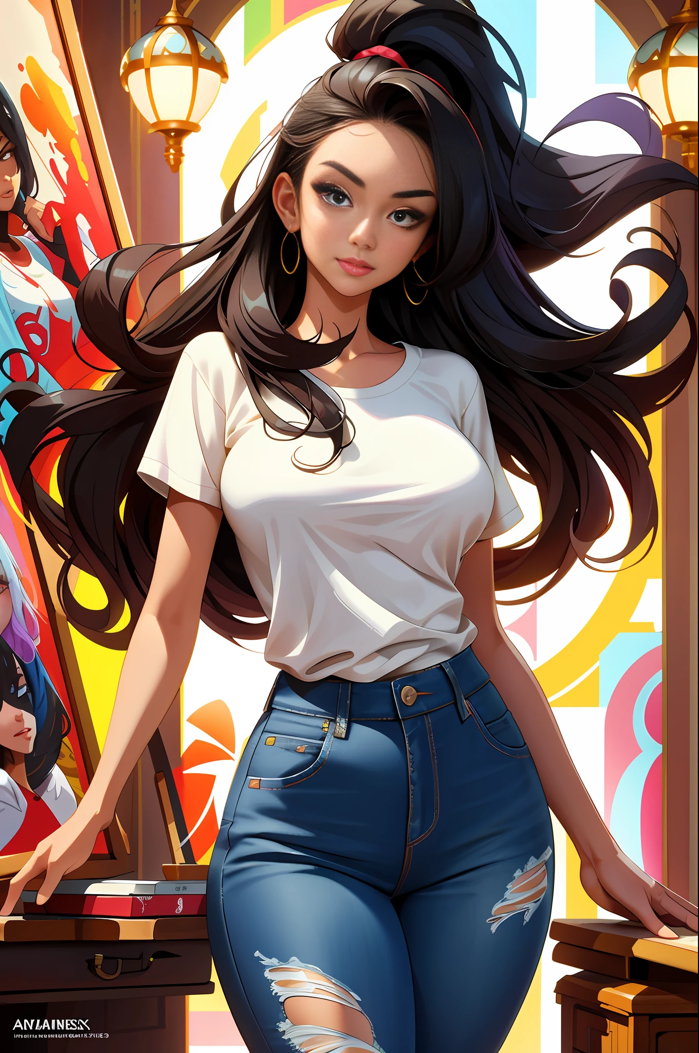 ASHLEY ALEXISS beautiful woman with ultra detailed long hair, (beautiful and clear background: 1.2),, fantastic paintings, graffiti style, flowers, highly detailed eyes, a t-shirt or dress with a white blouse underneath, position, with long black hair, stained glass windows, fantastic paintings by joe madureira, high quality, photo, adhesive art, beautiful woman carol nakamura with long hair, freedom, soul, digital illustration, comic style, perfect anatomy, centered, approaching perfection, dynamic, highly detailed, watercolor painting, artstation, concept art, smooth, sharp focus, illustration, art by flesh griffiths and wadim kashin,,anime girl pose alone, short pastel hair, heterochromia, perfect anatomy, centered, approaching perfection, dynamic, highly detailed, character sheet, artstation, concept art, soft, sharp focus, illustration, extraordinary jlustration, background, mixed-Idioma_Texto, Japanese letters in graffit ,raw photo, ::comix style by Marc Silvestri:: beautiful woman ashley alexiss European perfect and detailed, style ::2.0 comix illustration style,tatoon style , man model ultra detailed, (beautiful and clear background:1.2),, fantastic paintings ,graffit style, highly detailed eyes , a white t-shirt or tatoon stamp , blond hair, masterpiece, best quality, high quality, highres, detail enhancement, ((most beautiful image in the world)), masterpiece, best quality, high quality, highres, detail enhancement, ((most beautiful image )),with short, shiny black hair, wearing a large round-neck t-shirt, wearing jeans, five legs, like yellow sneakers, emphasizing the integrity of the human body, emphasis on the correct 5 fingers on each hand and the correct shadow, ,beautiful woman with long hair ultra detailed, (beautiful and clear background:1.2),, fantastic paintings ,graffit style, flowers, highly detailed eyes , a t-shirt or dressed in a white blouse underneath, position, with long blac