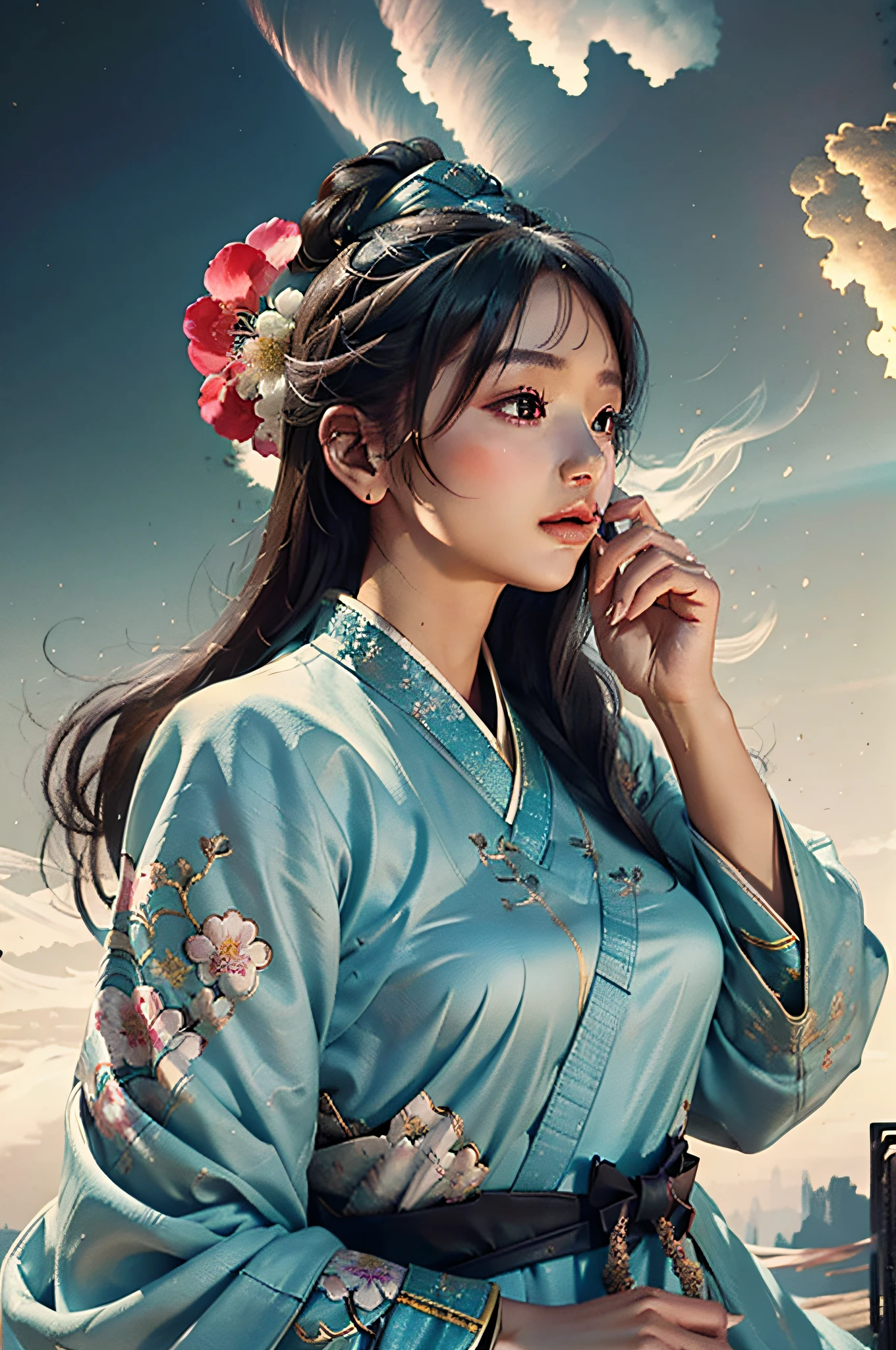 zhongfenghua, 1girl, (full body) solo, hanfu, flower field, blossom, (white smokes:1.3) (photorealistic:1.4), zentangle, mandala, entangle, official art, unity 8k wallpaper, ultra detailed, beautiful and aesthetic, masterpiece,best quality, (dynamic angle:1.4), glowing skin, (floating colorful sparkles:1) the most beautiful form of chaos, elegant, a brutalist designed, vivid colours, romanticism depth of field,