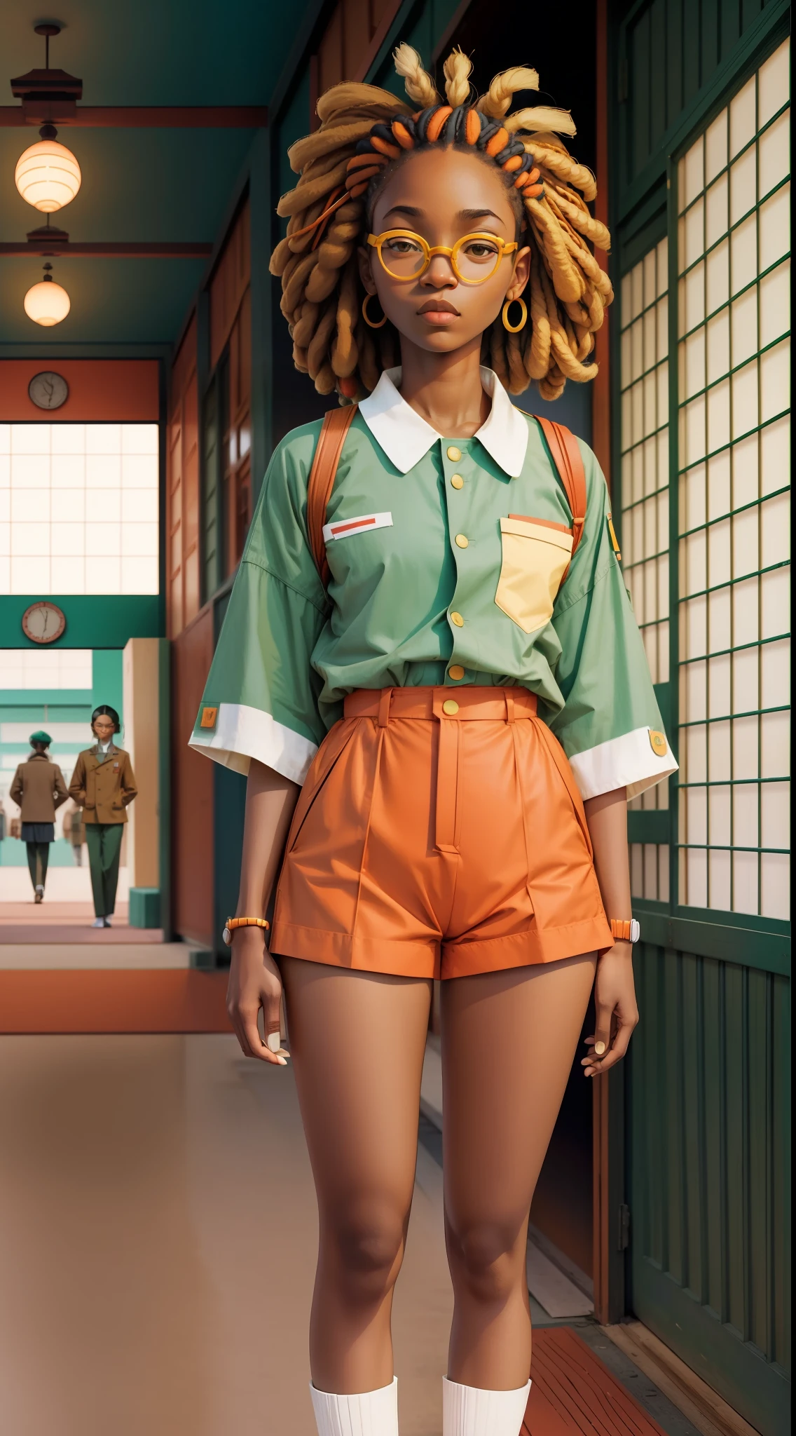 yoshitomo nara:1.5, wes anderson:1.3, new casualism, retro, minimalism (1 african girl with dreads hair and vintage clothes) sexy, cameltoe,abstract minimalist background,yoshitomo nara:1.5, wes anderson:1.3, new casualism, retro, minimalism