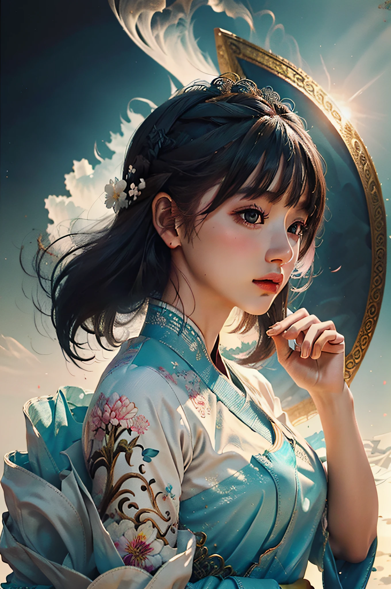 zhongfenghua, 1girl, (full body) solo, hanfu, flower field, blossom, (white smokes:1.3) (photorealistic:1.4), zentangle, mandala, entangle, official art, unity 8k wallpaper, ultra detailed, beautiful and aesthetic, masterpiece,best quality, (dynamic angle:1.4), glowing skin, (floating colorful sparkles:1) the most beautiful form of chaos, elegant, a brutalist designed, vivid colours, romanticism depth of field,