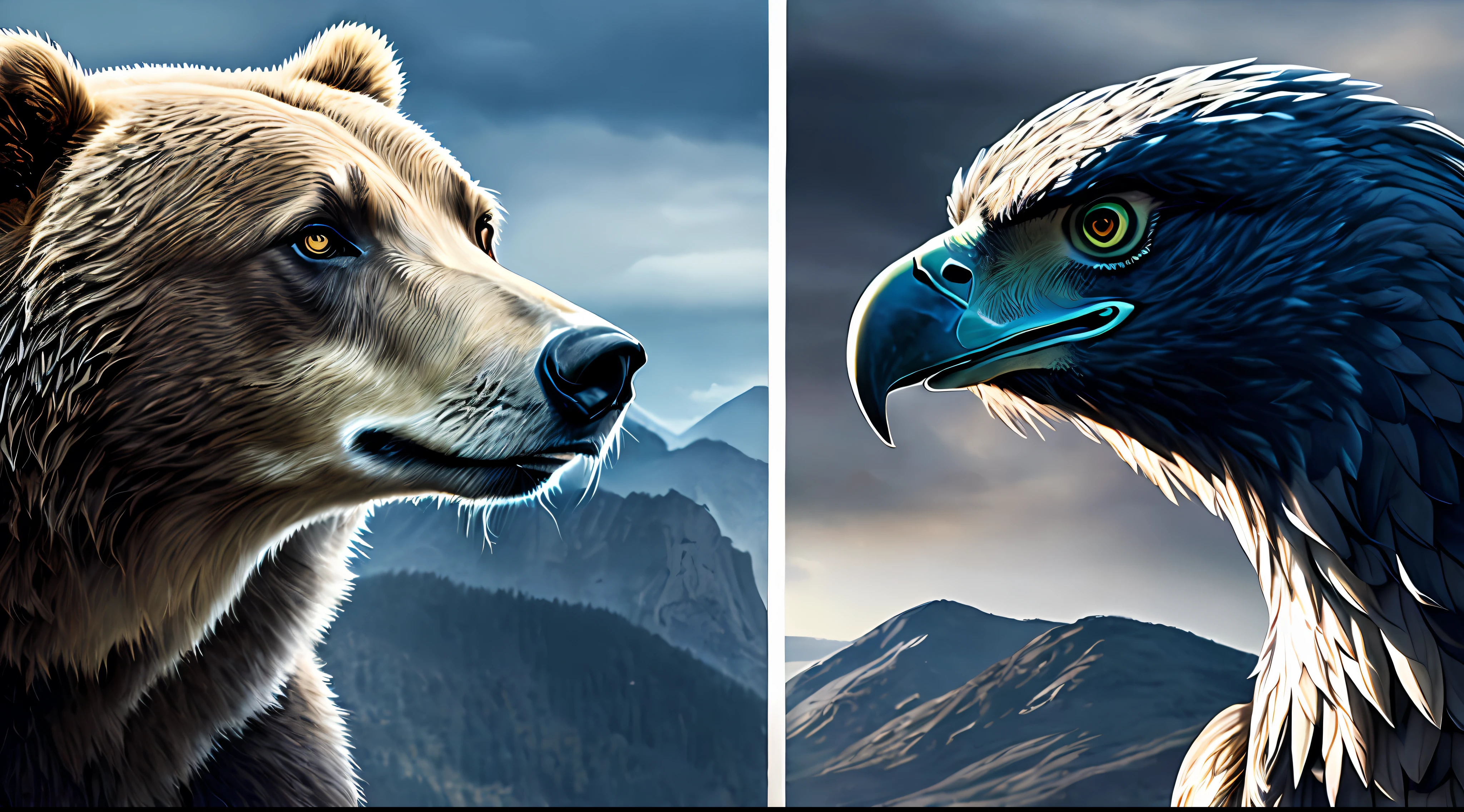 magazine cover style, grizzly bear faces eagle, tense mood, confrontation, 8k uhd, dslr, light dramatic rim, high quality, Fujifilm XT3, 80's