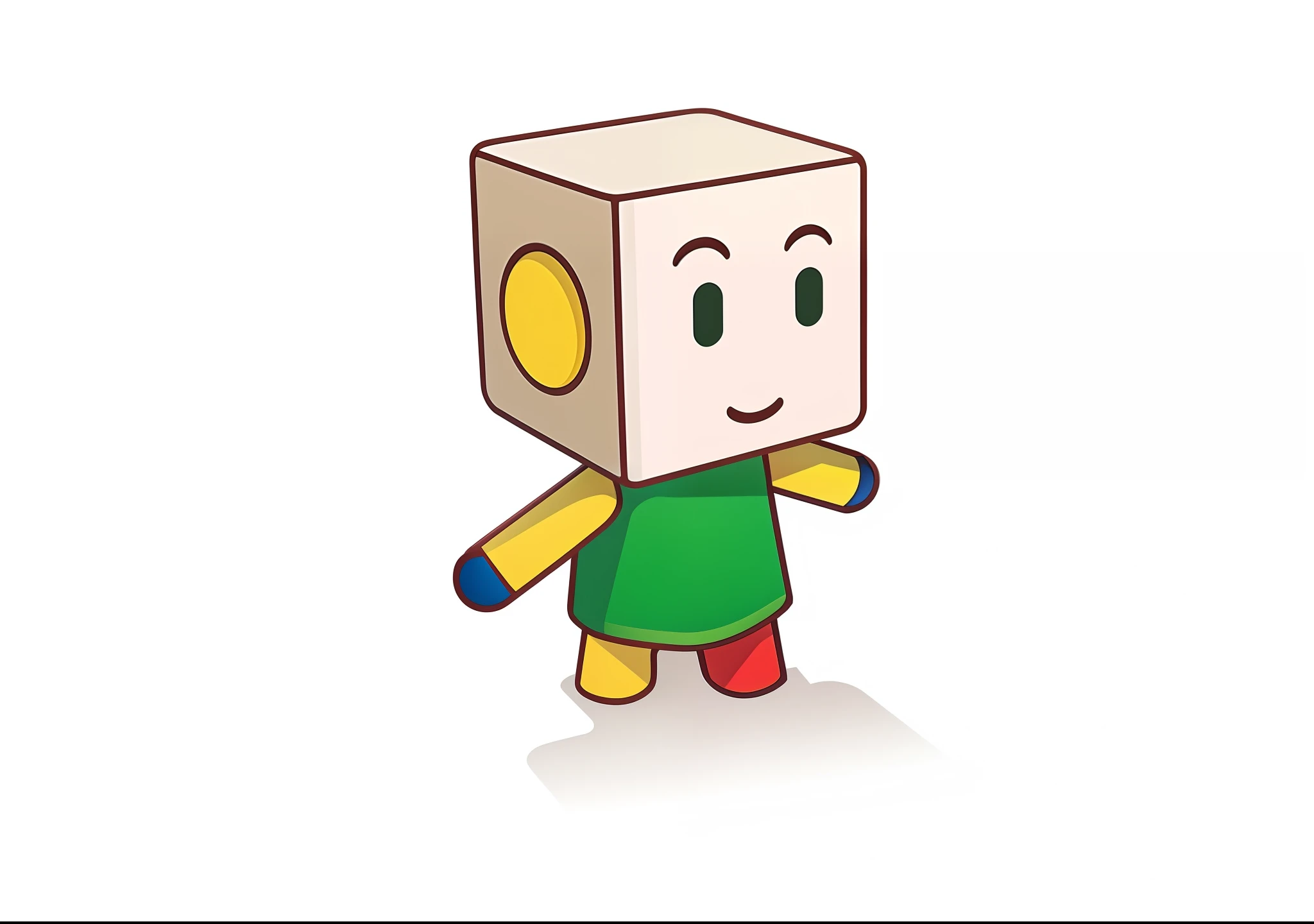 cartoon image of a cube character with a green shirt and red pants, video game character, videogame character, game character, blocky, character is standing, merged character, mapo tofu cartoon, cute character, cute humanoid robot, cute cartoon character, animation character, cube, blocky shape, comic character, humanoid character, toonix character, dancing character