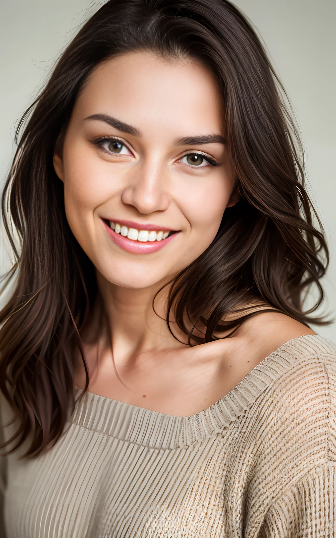 beautiful brunette wearing beige sweater without neckline (holding a blank card, shoulder height), very detailed, 28 years old, innocent face, wavy hair, dark and long, brown eyes, perfect hand, high resolution, masterpiece, best quality, wide photo, portrait size, intricate details, highly detailed, sharp focus, detailed skin, realistic skin texture, texture, detailed eyes, professional, 4k, charming smile, shot on Canon, 85mm, wide depth of field, uncropped photo on the sides, kodak vision color, perfect fit body, extremely detailed, foto_\(ultra\), photorealistic, realistic, post-processing, maximum detail, roughness, real life, ultra realistic, photorealism, photography, 8k uhd, photography
