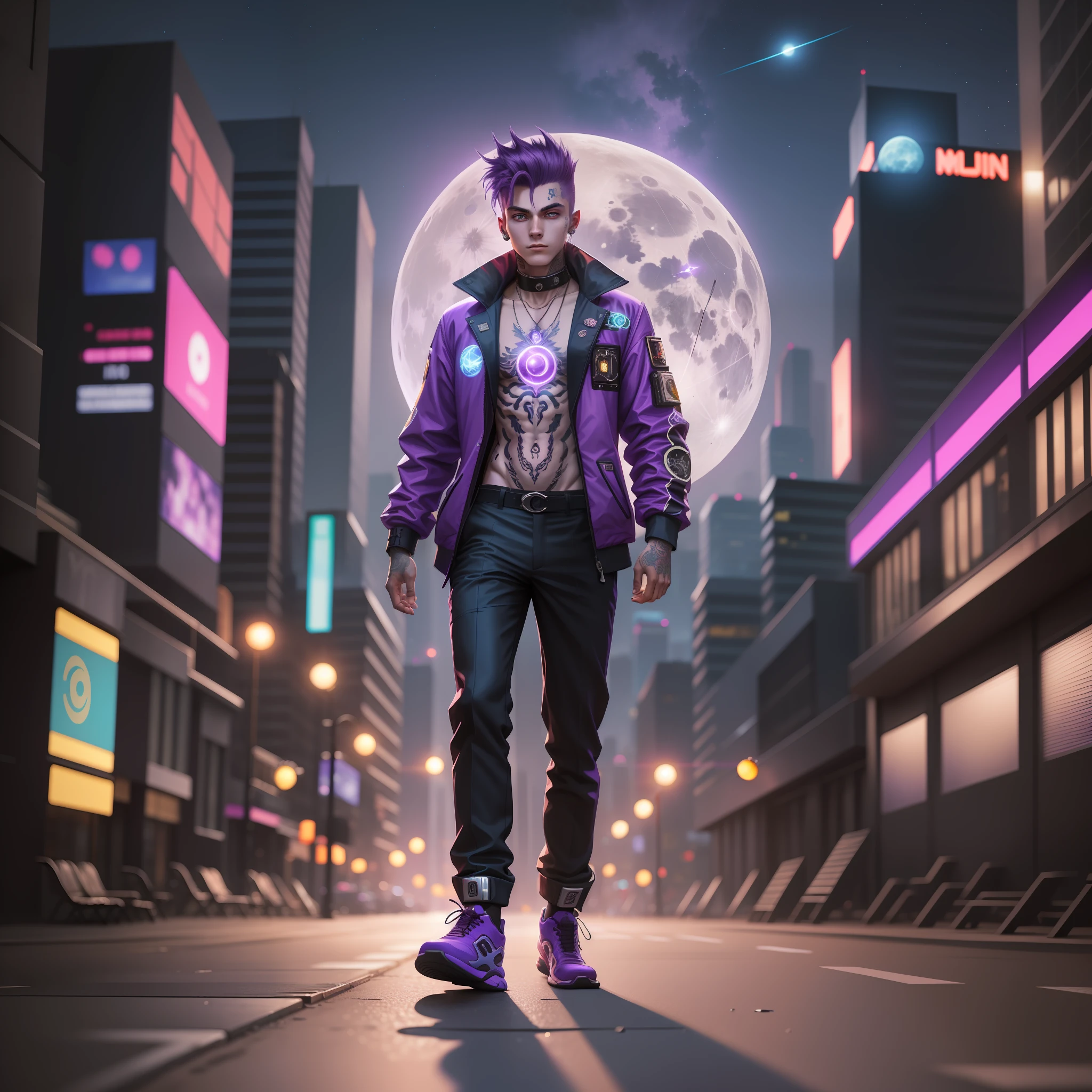 Young 18 years old, with suit, tattoo, with energy sphere in hand, 8k, realistic, cyberpunk city, night, full moon,full body, purple hair, bright colors,