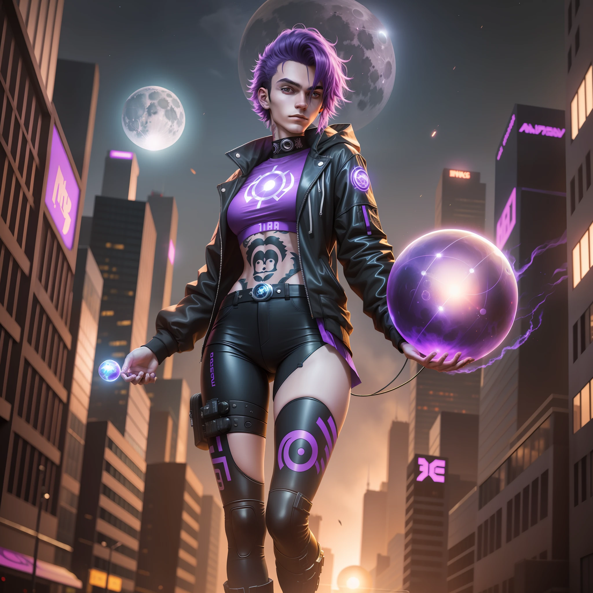 Young 18 years old, with suit, tattoo, with energy sphere in hand, 8k, realistic, cyberpunk city, night, full moon,full body, purple hair, bright colors,