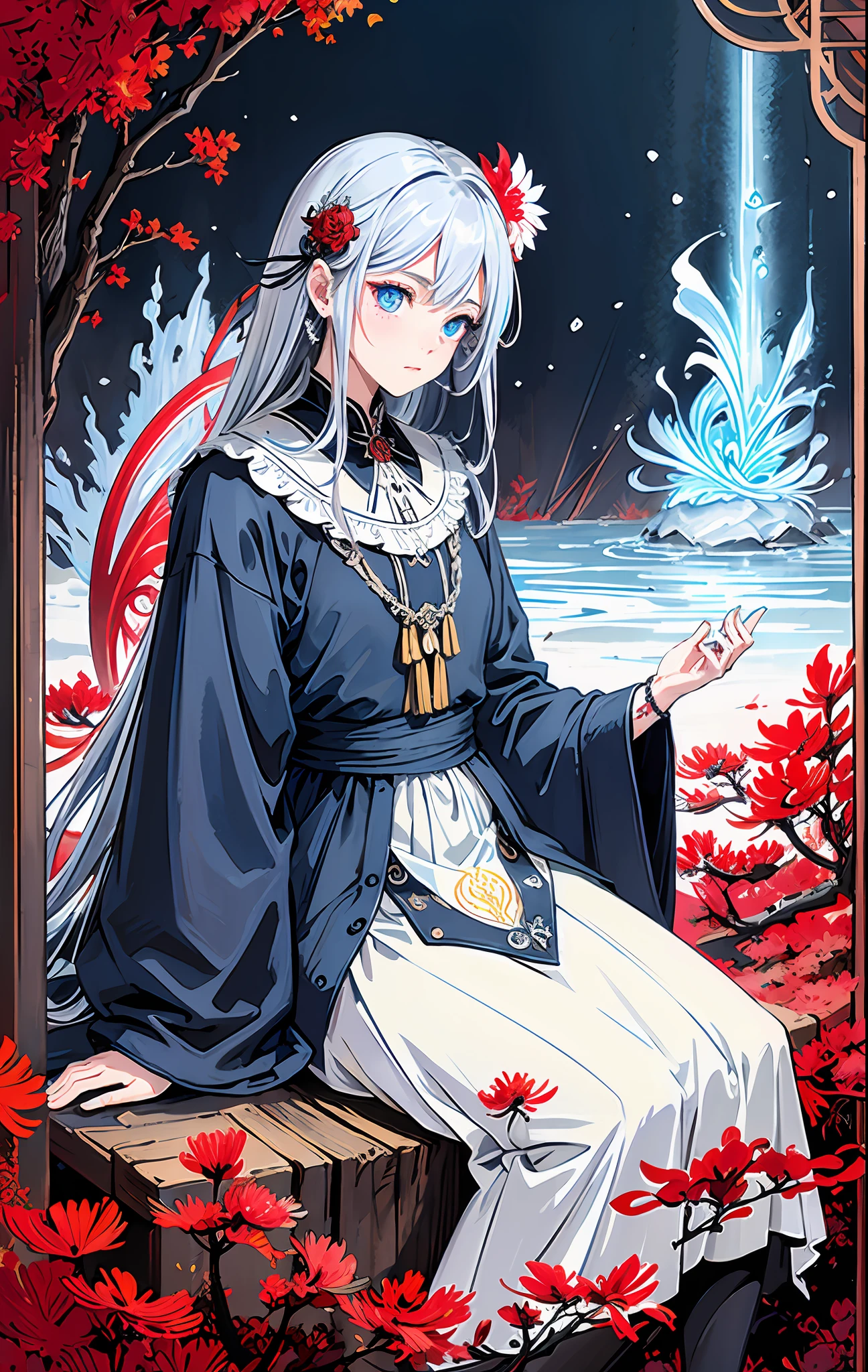 Realistic, (Masterpiece, Top Quality, Best Quality, Official Art, Beauty and Aesthetics: 1.2), Very Detailed, Fractal Art, Colorful, Most Detailed, Zentangle, (Abstract Background: 1.5) (1boy: 1.3), Gods, (Glowing Blue Eyes), Mysterious, (Magic), Ice and Snow, ((Sitting on Giant Lycoris radiata)), Lycoris radiata, Yellow Spring Hell, Soul Ferryman, Ghost