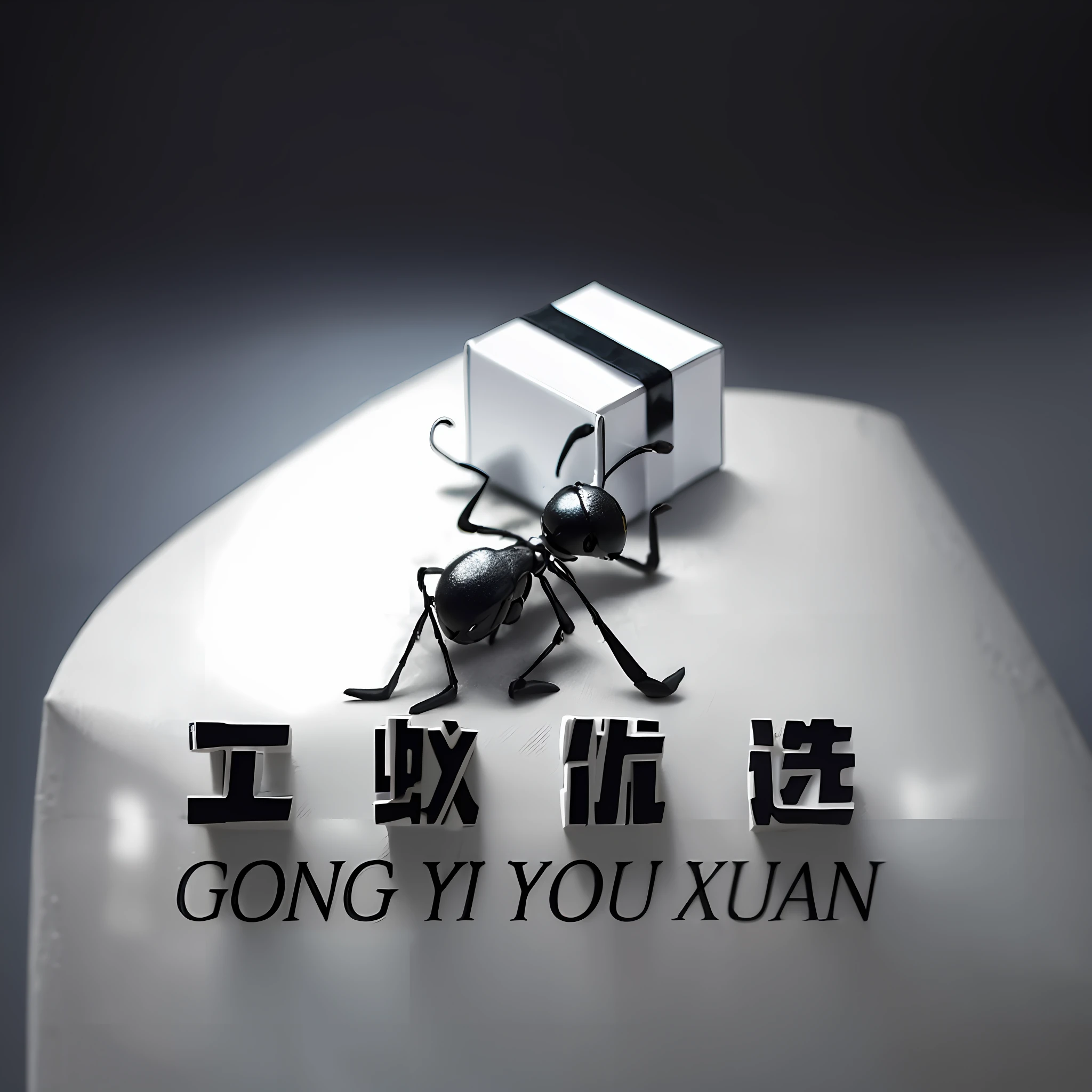 Close-ups of black, white and gray logos with ants, gift boxes,solemn,LOGO