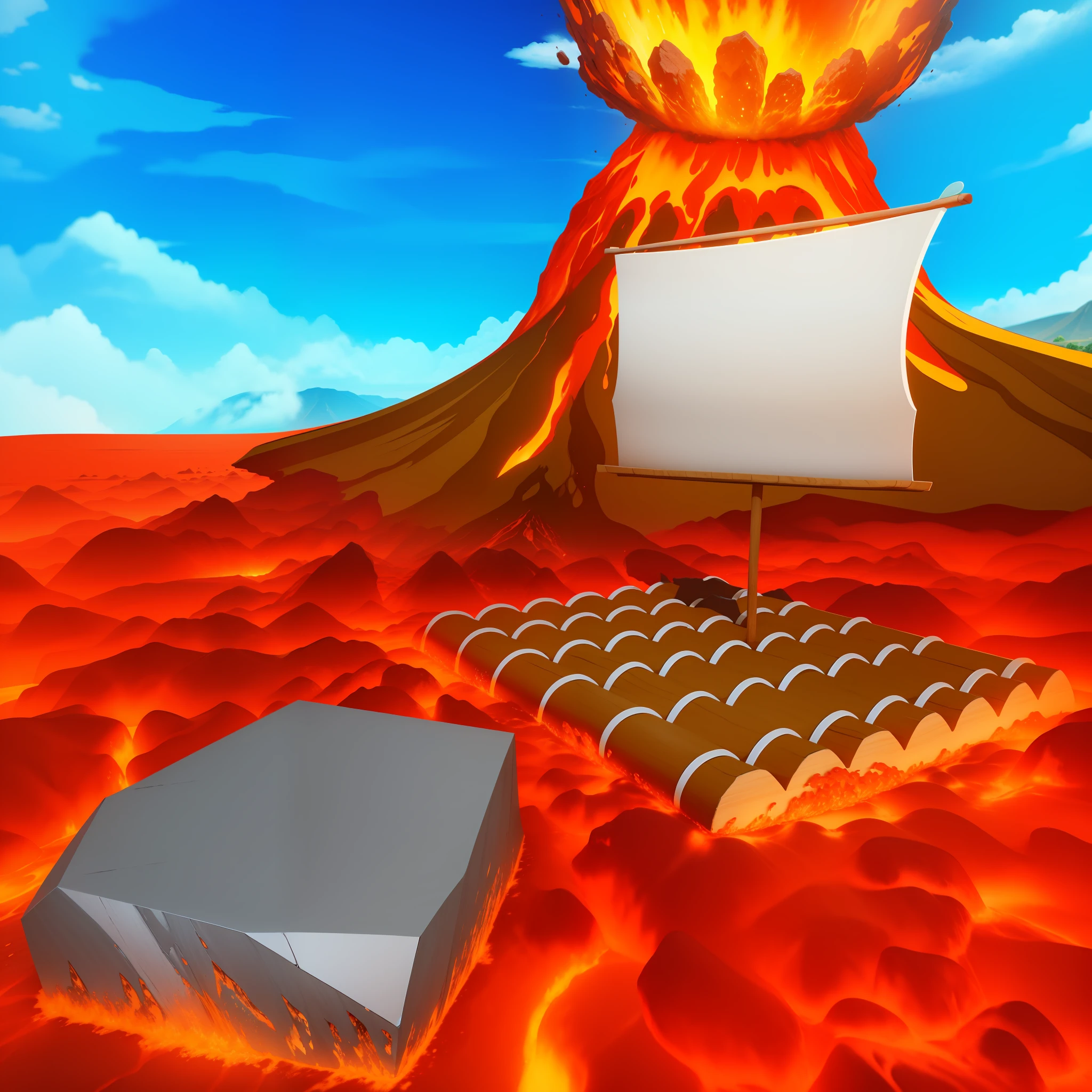 Wooden Raft, Stone, Lava Floor, Volcano Exploding in Background, Blue Sky, Ray Tracing, Ambient Occlusion, SSAO --auto --s2