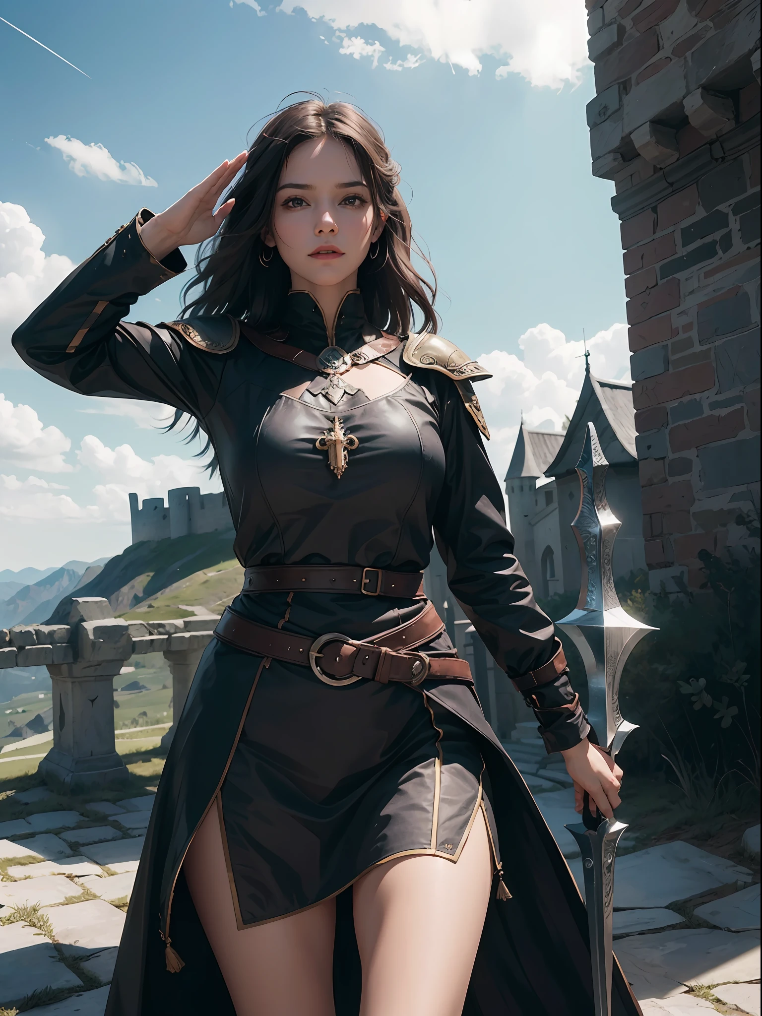 (exquisitely detailed CG unity 8k wallpaper, masterpiece-quality with stunning realism), (best illumination, best shadow, dark and foreboding), (best quality), (((Perfect anatomy))), a strong and fierce female templar stands atop a castle wall, holding her weapon and shield with great pride. In the background, a highly detailed medieval city looms large, adding to the epicness of the scene. Her face is a mix of determination and joy as she looks out over the land and gives a salute to those who follow her.
