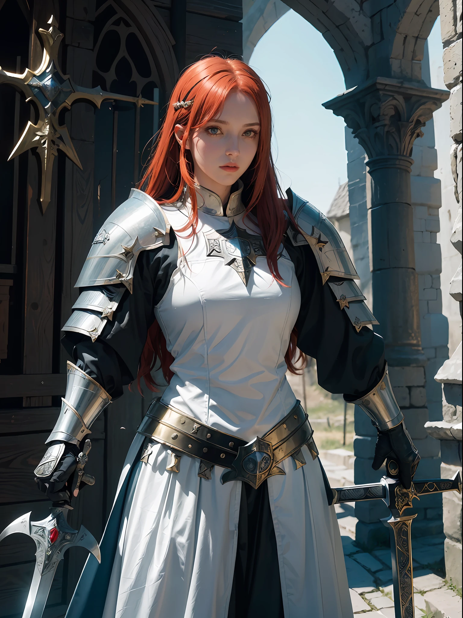 a man dressed in armor holding a sword, female medieval knight, female knight, beautiful female knight, teutonic knight, pretty female cleric, medieval holy crusader knight, female redhead templar, female cleric, holy medieval crusader, blue surcoat, picture of a male cleric, of a beautiful female knight, holy crusader medieval, holy crusader medieval knight, modern clean white armor