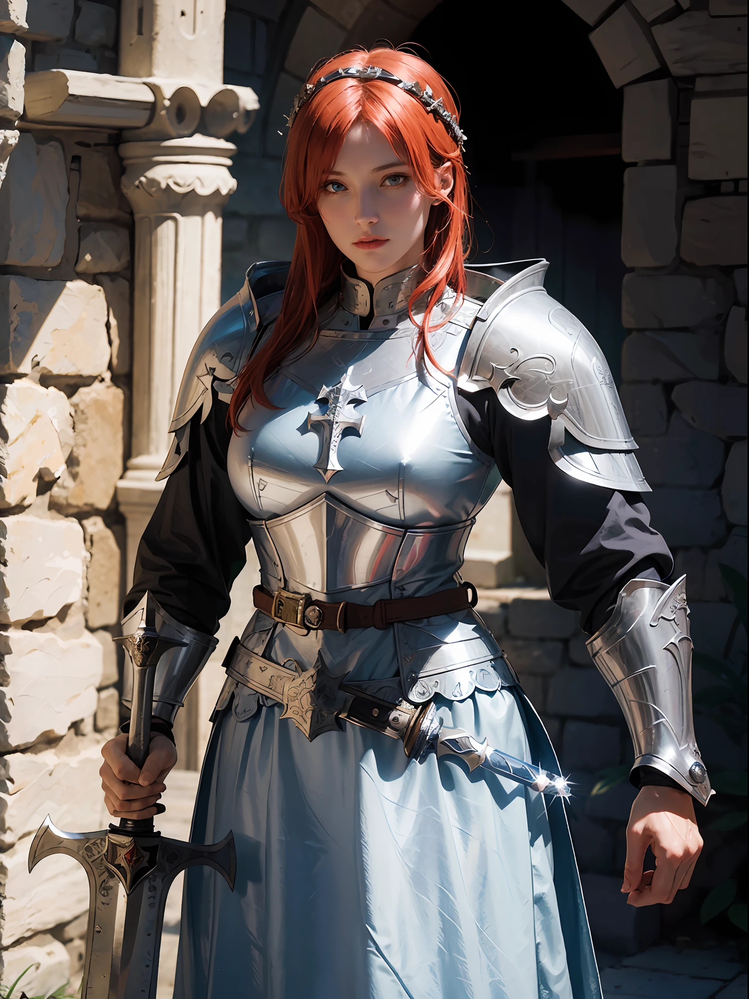 a man dressed in armor holding a sword, female medieval knight, female knight, beautiful female knight, teutonic knight, pretty female cleric, medieval holy crusader knight, female redhead templar, female cleric, holy medieval crusader, blue surcoat, picture of a male cleric, of a beautiful female knight, holy crusader medieval, holy crusader medieval knight, modern clean white armor