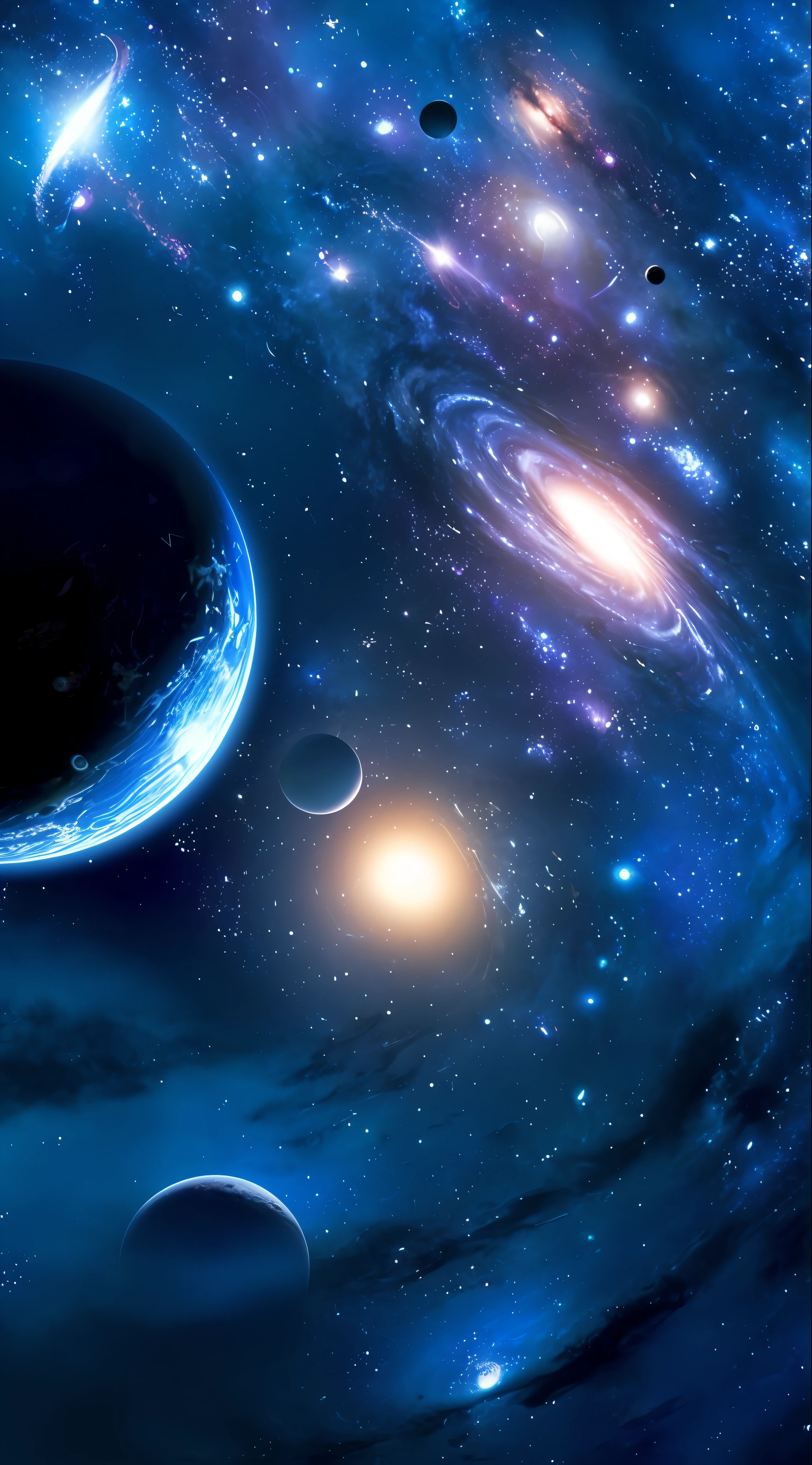 a close up of a galaxy with planets and stars, universe life significance, planets and galaxies, in the universe.highly realistic, planets and stars, planet and stars, beautiful space, planets colliding, humanity like cosmic structure, large planets in the background, realistic space, harmony of the universe, in the cosmos, cosmic space, multiverse!!!!!!, planets in the background