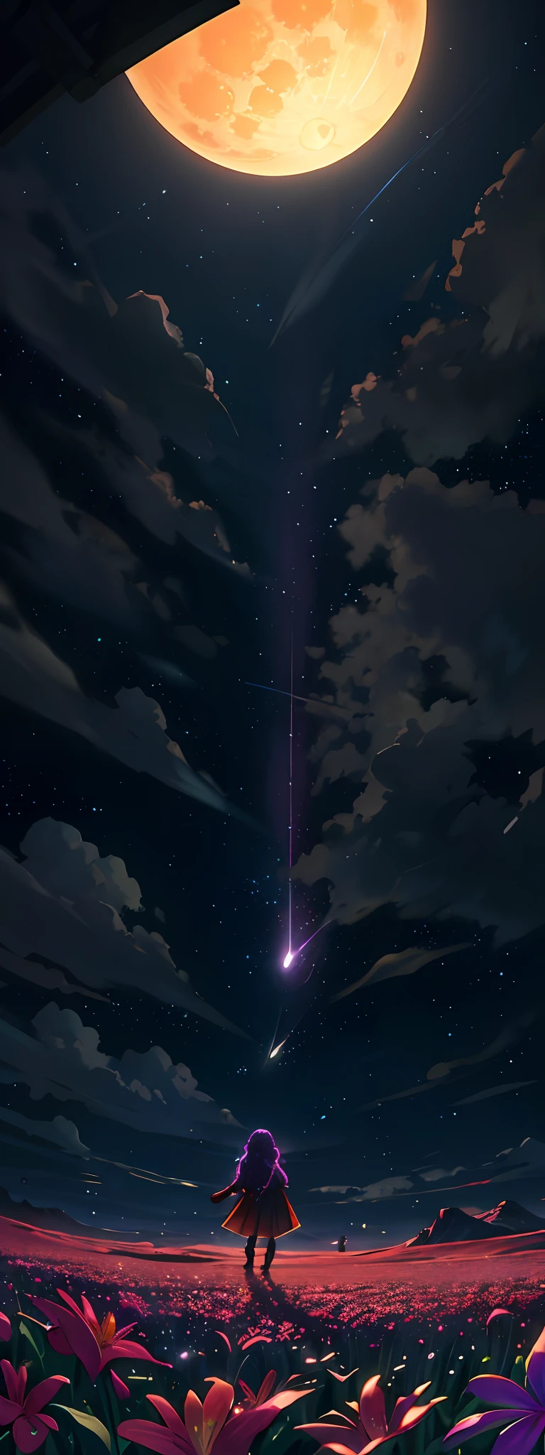 expansive landscape photograph , (a view from below that shows sky above and open field below), a girl standing on flower field looking up, (full moon:1.2), ( shooting stars:0.9), (nebula:1.3), distant mountain, tree BREAK
production art, (warm light source:1.2), (Firefly:1.2), lamp, lot of purple and orange, intricate details, volumetric lighting BREAK
(masterpiece:1.2), (best quality), 4k, ultra-detailed, (dynamic composition:1.4), highly detailed, colorful details,( iridescent colors:1.2), (glowing lighting, atmospheric lighting), dreamy, magical, (solo:1.2)