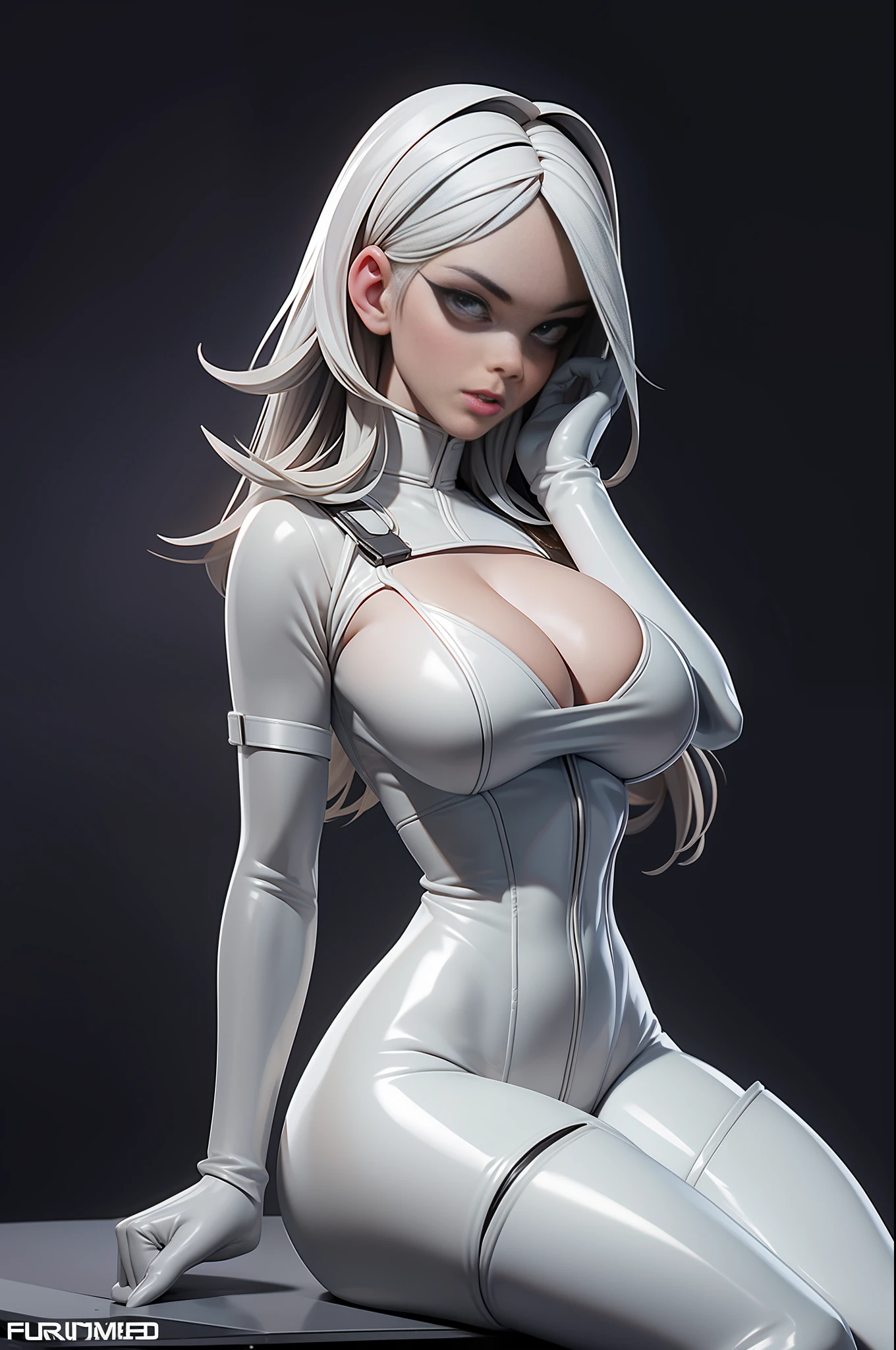 full body picture Unreal Engine 5 8K UHD of beautiful women, wearing white tight latex catsuit covered whole body, latex mask, latex collar, latex body harness and lace, arm and leg cuffs, latex corset, latex long glove, sitting on the table, office scene, best quality, masterpiece, 8K UHD wallpaper