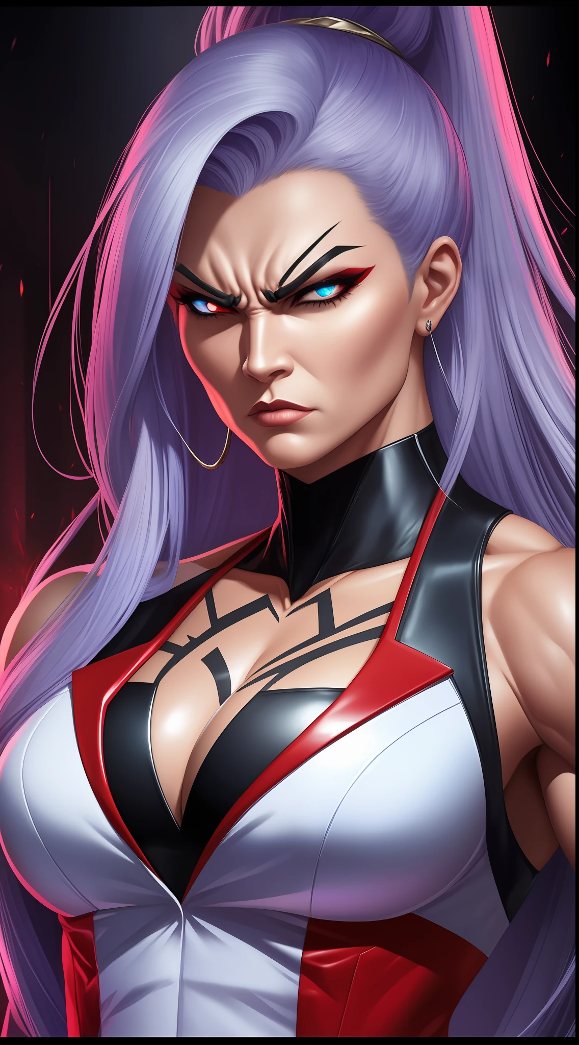 a super strong game woman boss extremely muscular, angry expression sinister very bad, (((wearing a stylish suit))).