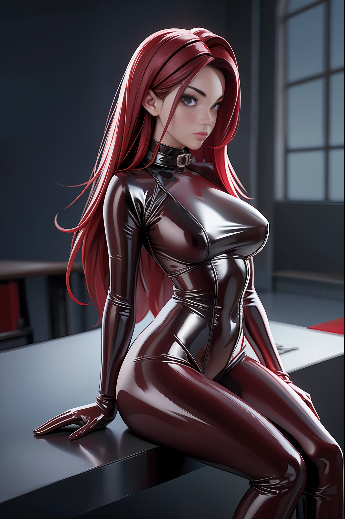 full body picture Unreal Engine 5 8K UHD of beautiful women, wearing red tight latex catsuit covered whole body, latex mask, latex collar, latex body harness and lace, arm and leg cuffs, latex corset, latex long glove, sitting on the table, office scene, best quality, masterpiece, 8K UHD wallpaper