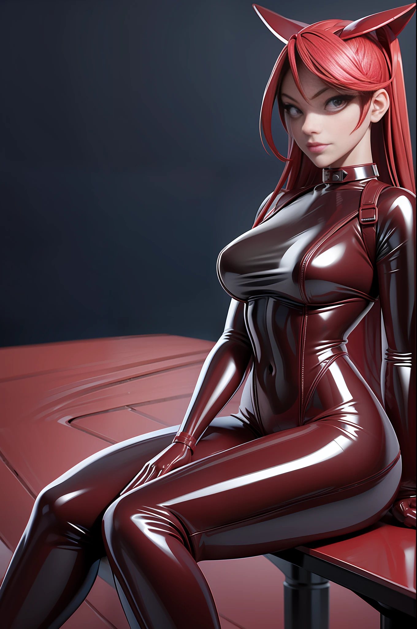 full body picture Unreal Engine 5 8K UHD of beautiful women, wearing red tight latex catsuit covered whole body, latex mask, latex collar, latex body harness and lace, arm and leg cuffs, latex corset, latex long glove, sitting on the table, office scene, best quality, masterpiece, 8K UHD wallpaper