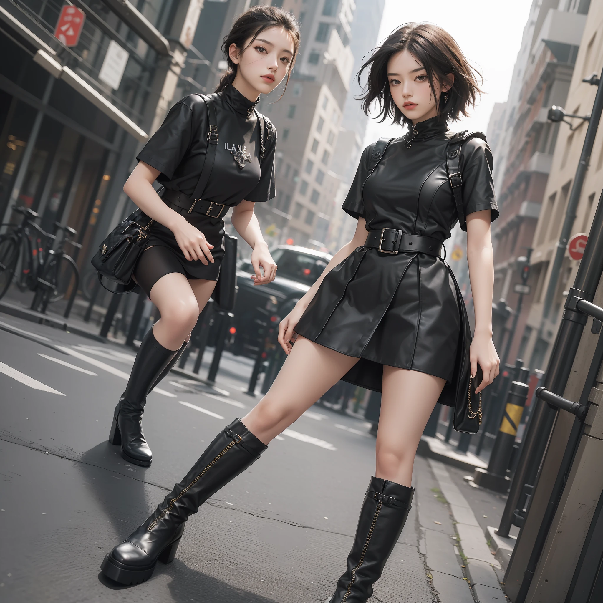Masterpiece, Superb 8K Resolution, LV Short Sleeves, Balenciaga Stockings, Black Boots, Street, Bustle, Full Body