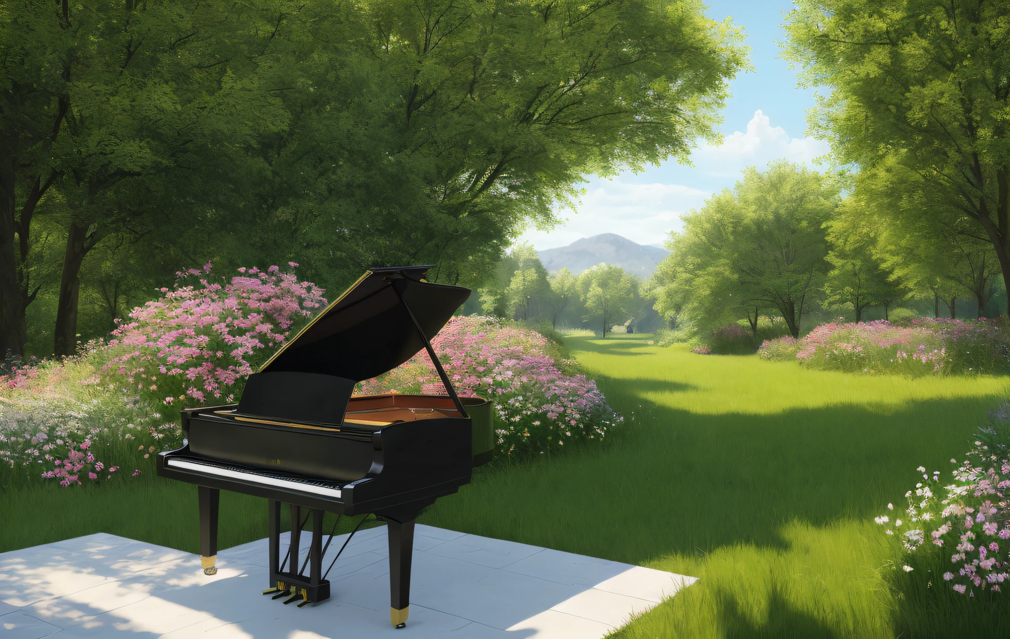 Incomparably real photos, outdoor exhibition layout, black piano as the main piano behind the piano with a large white stage background panel, the background is dotted with grass, flowers, the overall color is soft and uniform white, the best quality, high quality, extremely detailed CG unity 8k wallpaper, panoramic view and soft light. artstation, digital illustration, complex, trending, pastel colors, realism, very detailed, artstation trend, CGsociety trend, complex, high detail, photorealistic, 8k