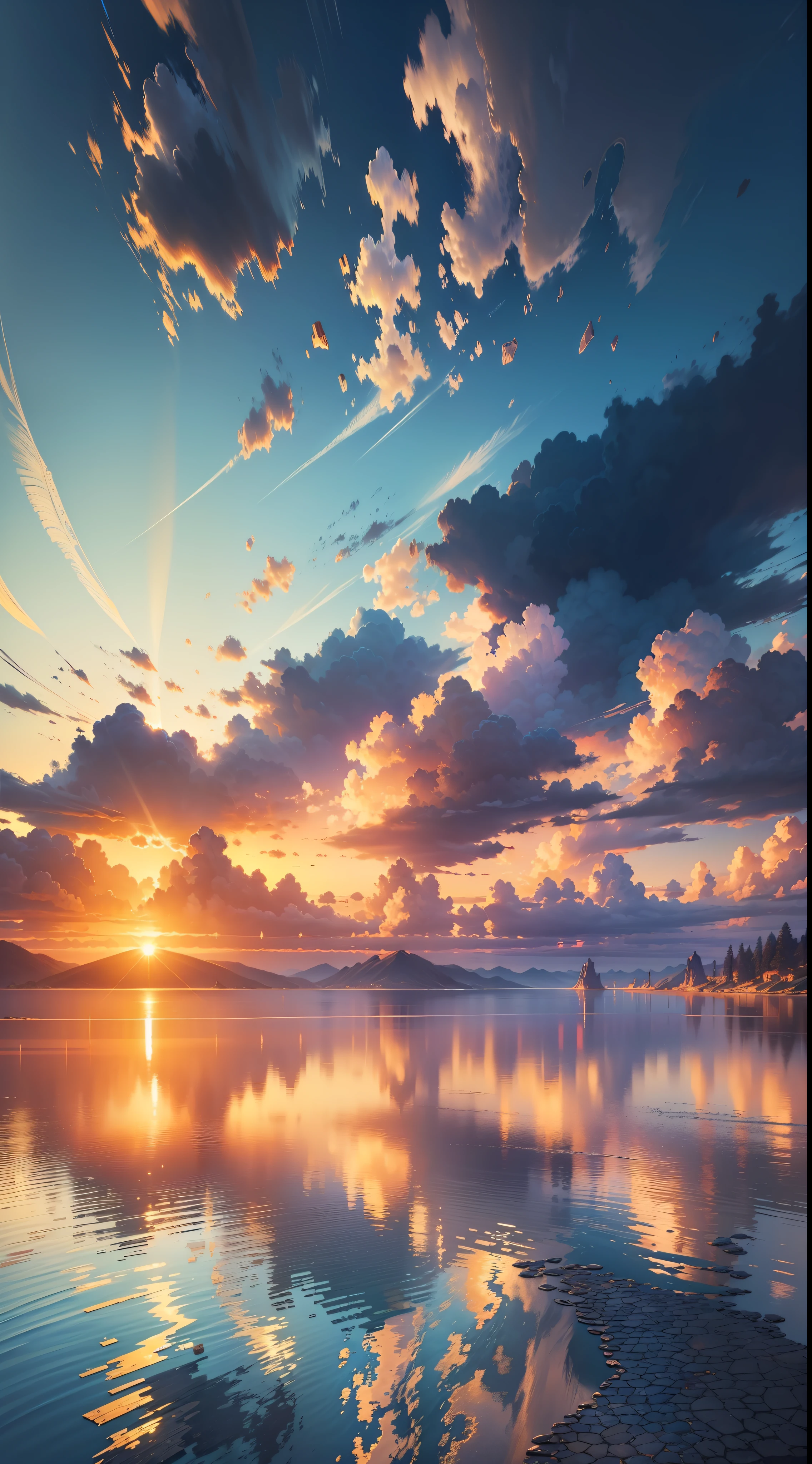 sunset, landscape, water, (very detailed CG unity 8k wallpaper), the most beautiful artwork in the world, professional majestic oil painting, intricate, high detail, clear focus, dramatic, realistic painting art, blue sky.