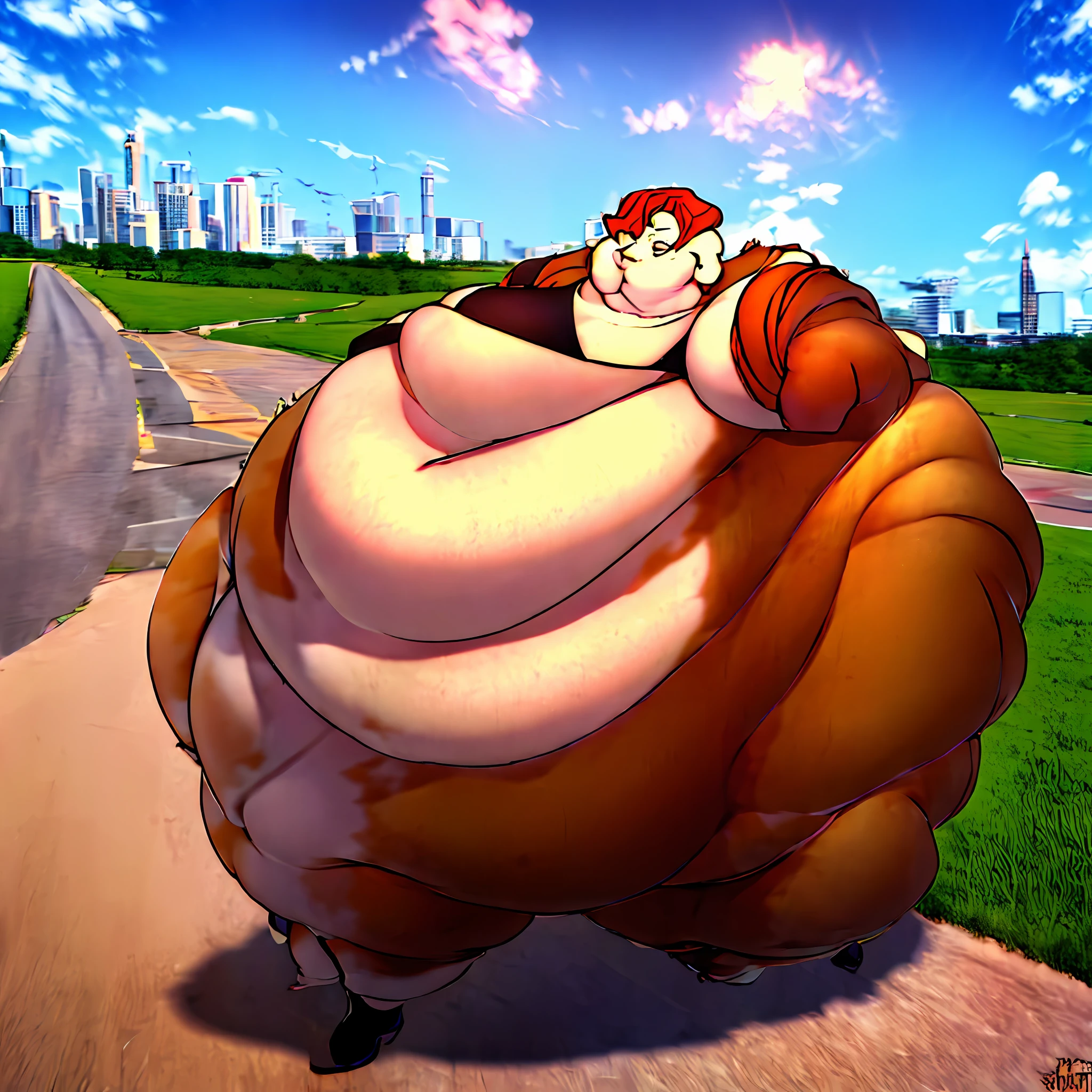((high aesthetic)), highly rated, absurdres, absurd resolution, highres, high resolution, best quality, masterpiece, 1boy, ((solo)) handsome young man, messy orange hair, gray eyes , (wide hips:1.7), ((Huge butt)), (hyper fat belly,))(( round belly)), ((thick thighs)),(fat!!) , Chinese clothing, (Fat breasts) Yokohama city, (Clear Detailed face 1.7))