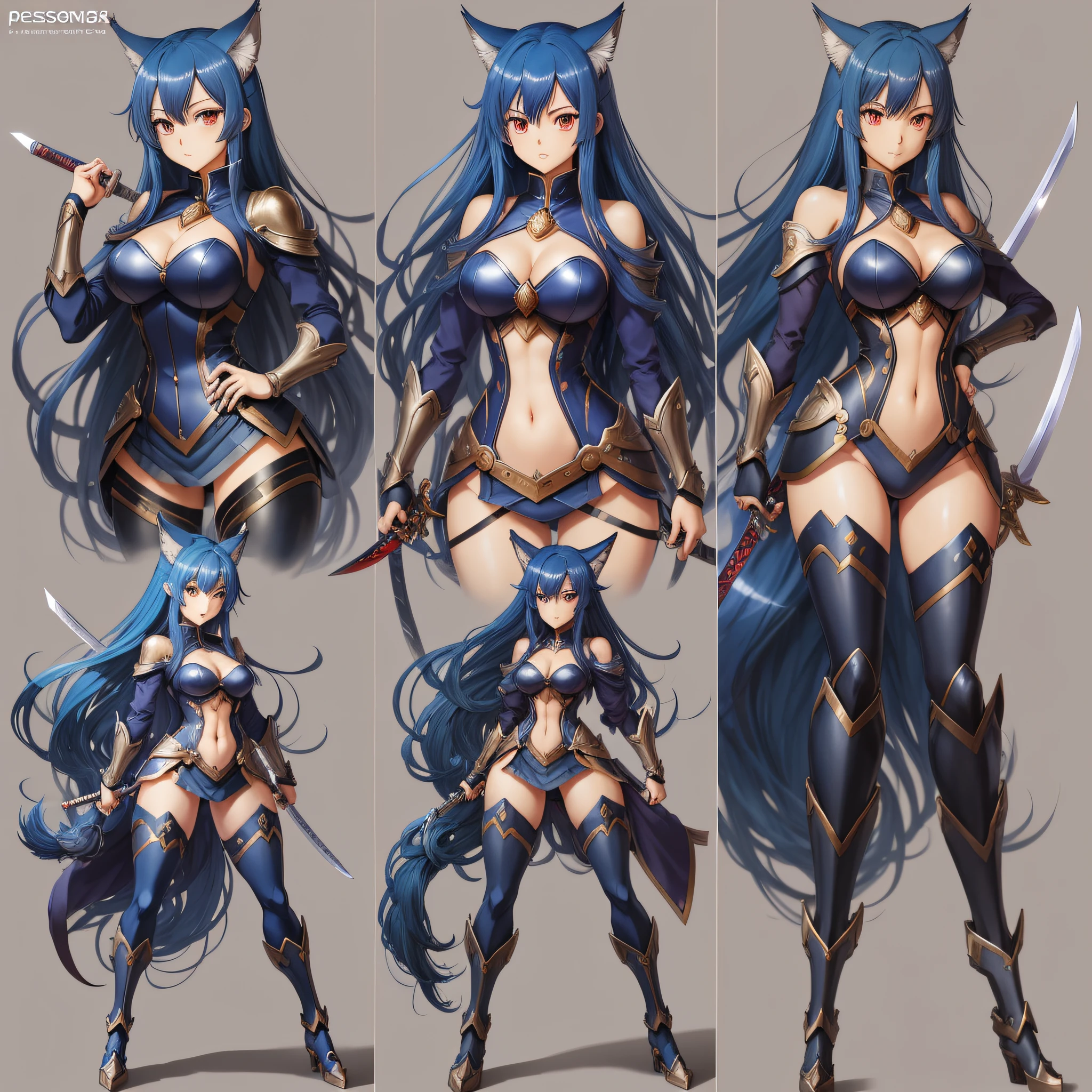 perssonage sketches, anime proportions, different full body view, high quality model sheet, turned full body shot, various poses, realistic proportions!!, pose reference, pose 3/4 same pessonage, anime pose, pose of artist reference images, full body character drawing, full body profile pose, realistic body proportions, woman, anime perssonage, 20 years, genshim impact, blue hair, midnight blue hair, straight hair, Warrior, Beautiful sword, Wolf ears, anime style