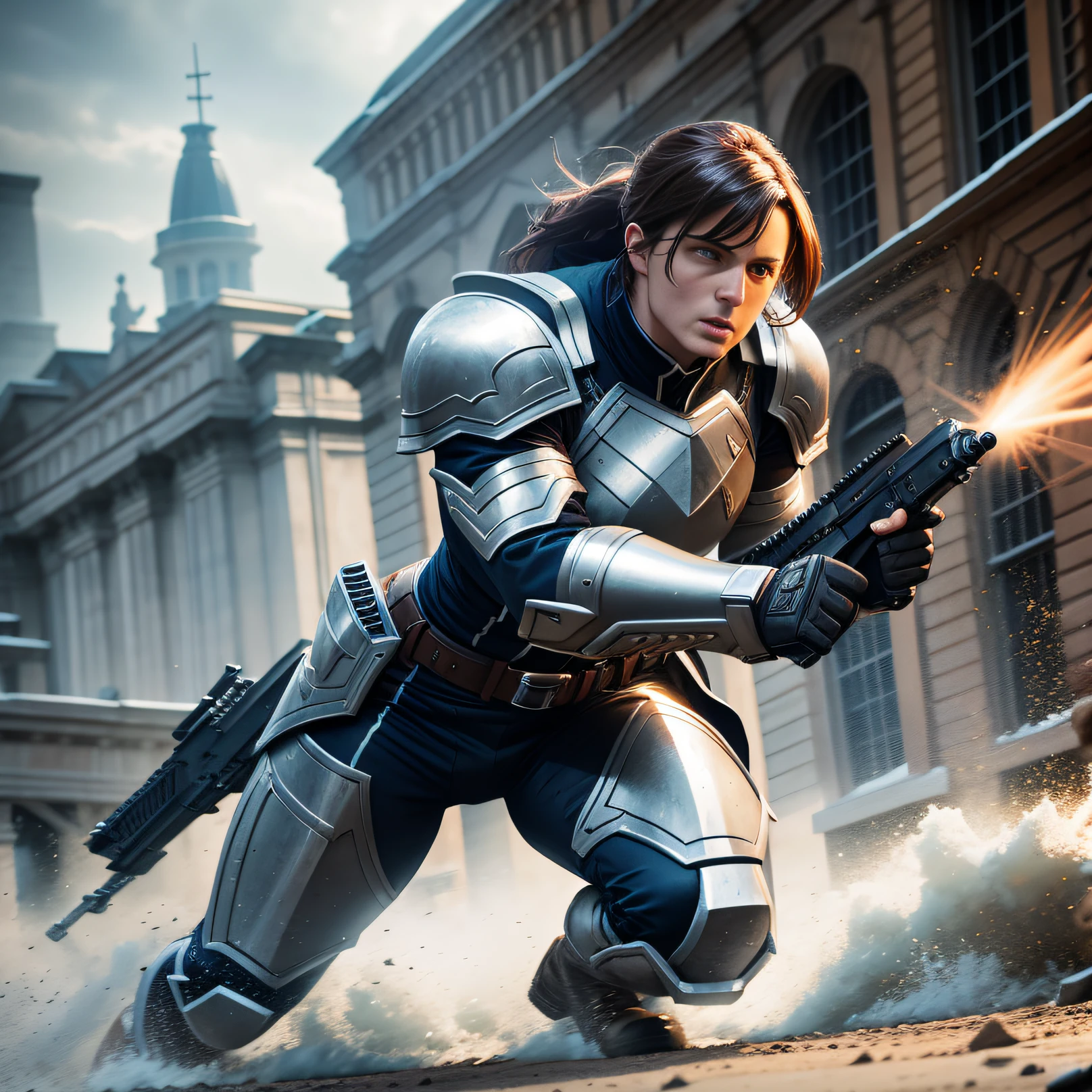 Dynamic action shot of soldier from Hellgate London cinematic shot on canon 5d ultra realistic Rory Lewis Artgerm WLOP Jeremy Lipking Jane Ansell studio lighting, atmospheric