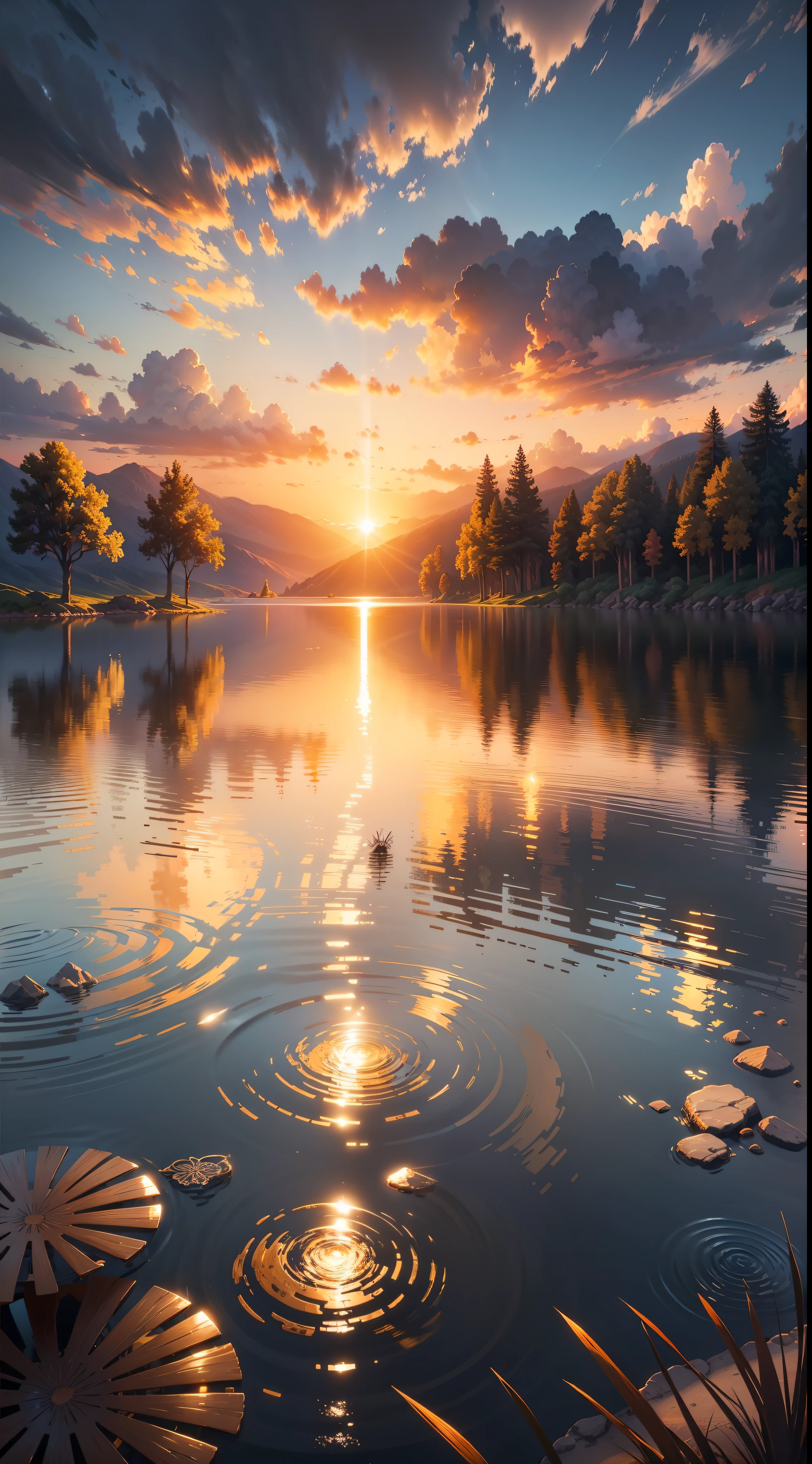 sunset, landscape, water, (very detailed CG unity 8k wallpaper), the most beautiful artwork in the world, professional majestic oil painting, intricate, high detail, clear focus, dramatic, realistic painting art, blue sky.